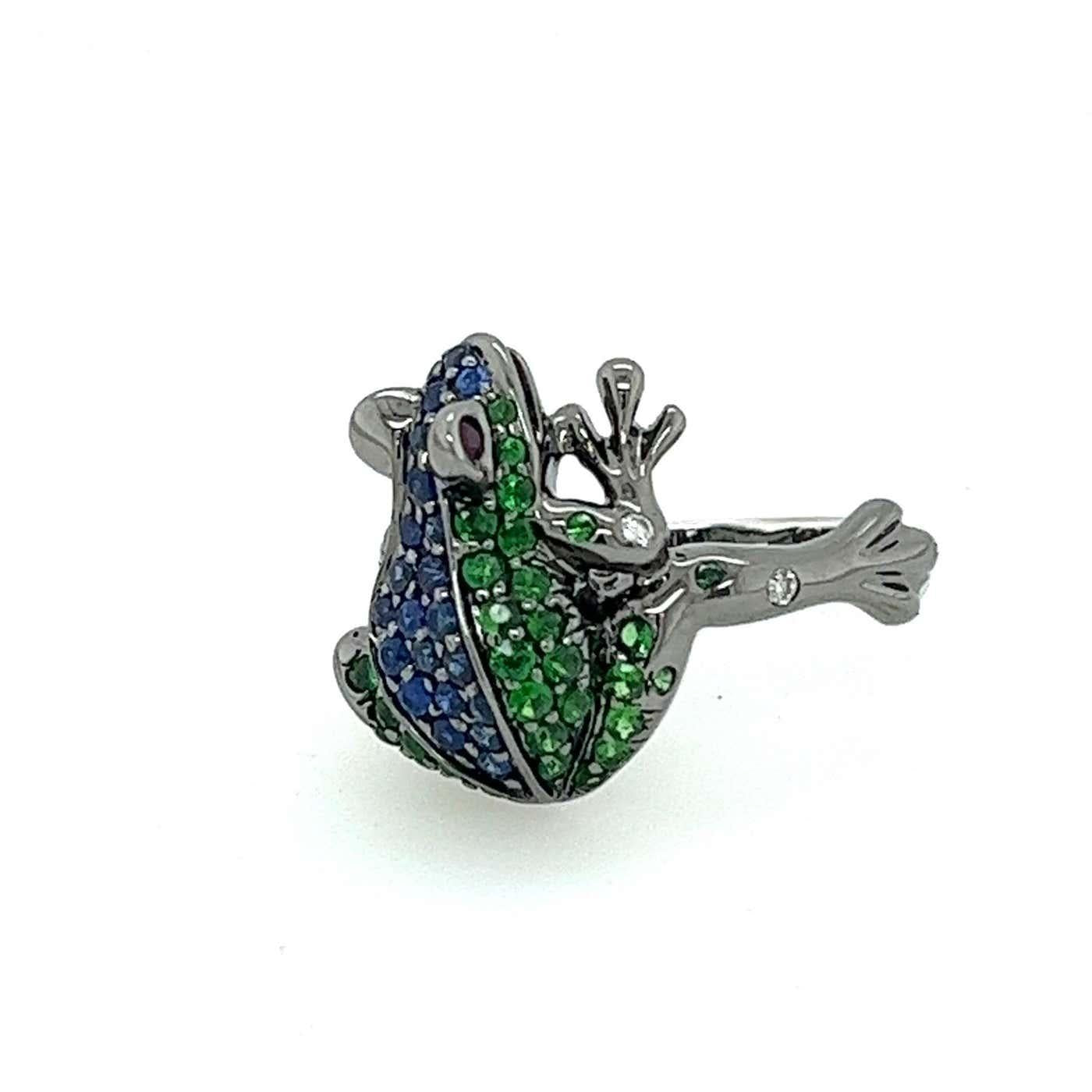 Blue Sapphire Pave & Green Tsavorite Frog 18K White Gold Statement Animal Ring