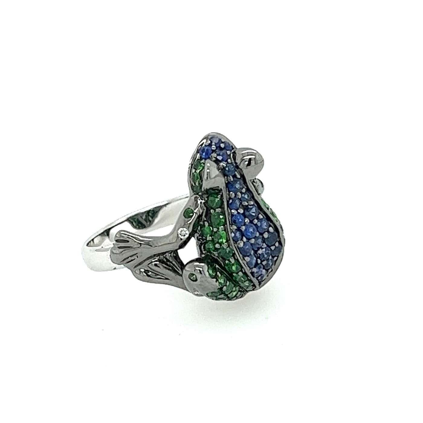 Blue Sapphire Pave & Green Tsavorite Frog 18K White Gold Statement Animal Ring