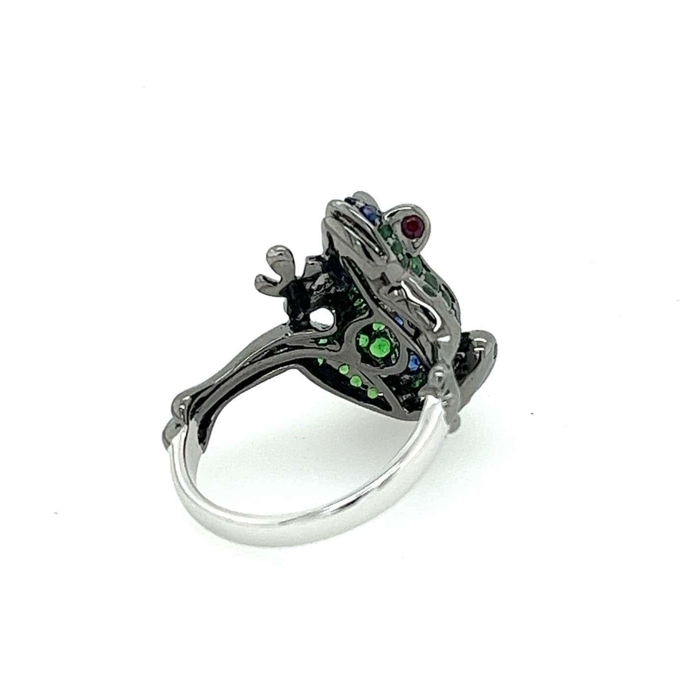 Blue Sapphire Pave & Green Tsavorite Frog 18K White Gold Statement Animal Ring