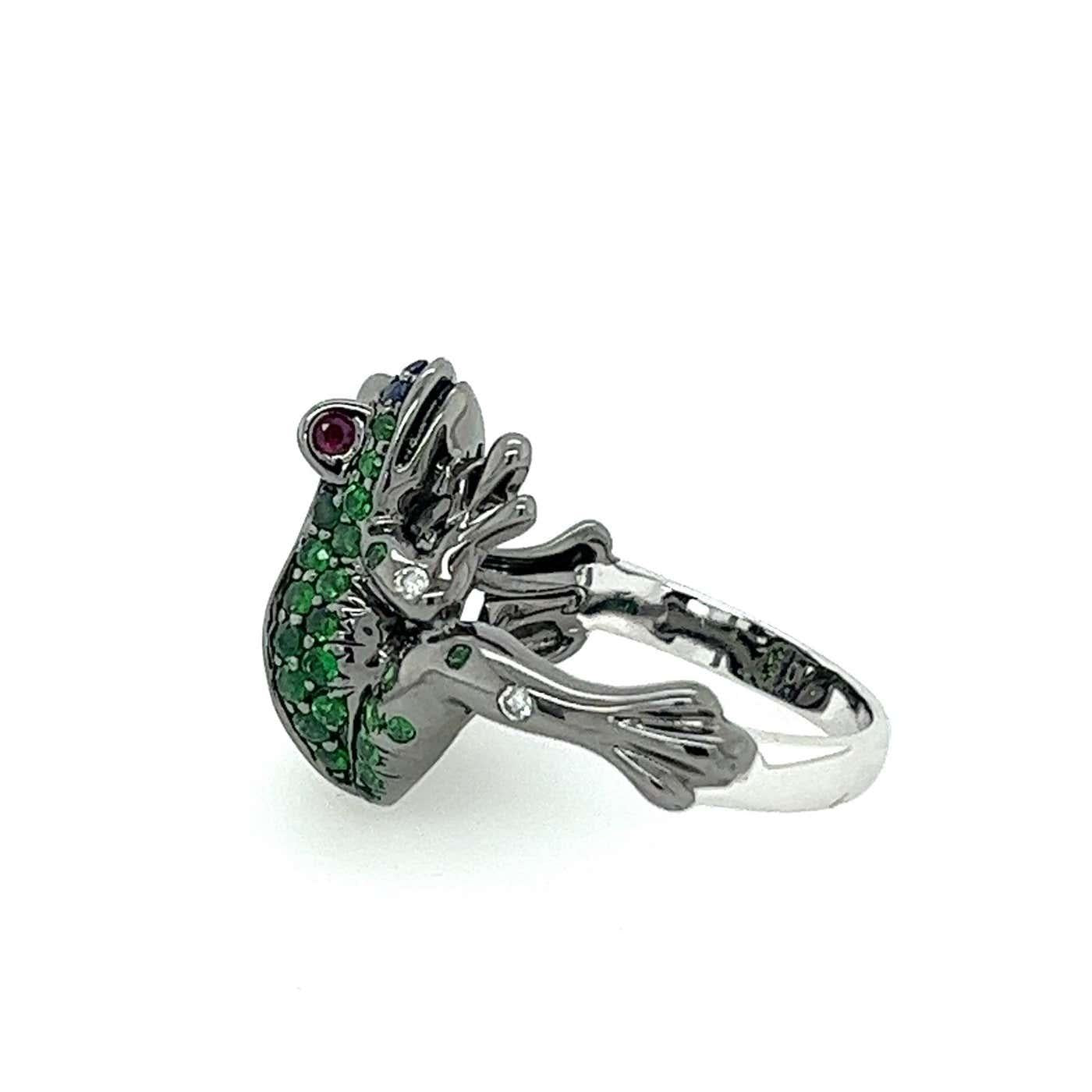 Blue Sapphire Pave & Green Tsavorite Frog 18K White Gold Statement Animal Ring