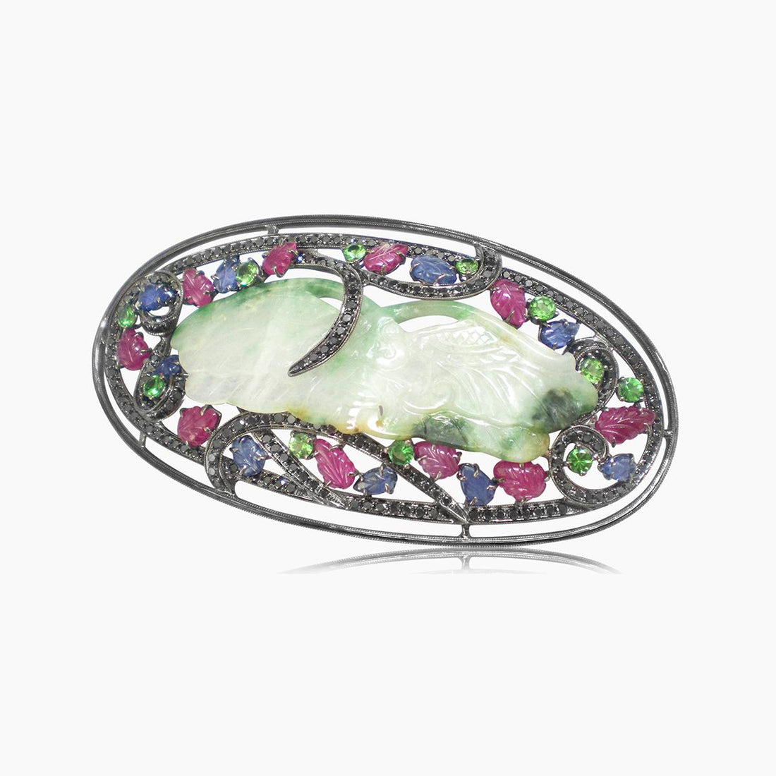 Jade, Black Diamond & Multi-Gemstone 18K White Gold Hair Clip
