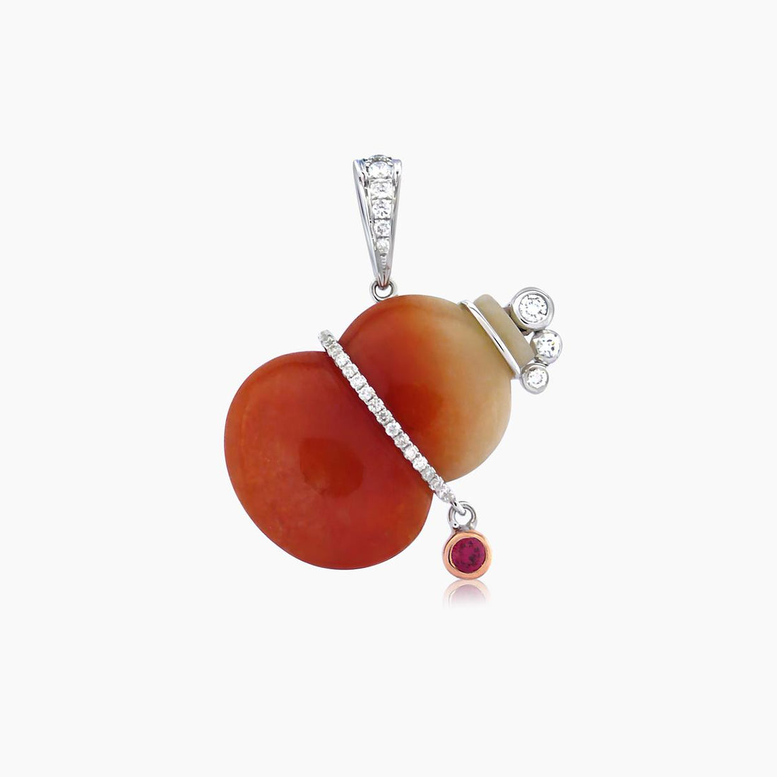 Gourd Red Jade & White Diamond & Ruby 18K Gold Pendant