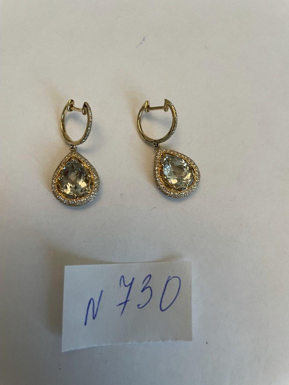 Pear Teardrop Green Amethyst Prasiolite 14K Yellow Gold Diamond Halo Earrings