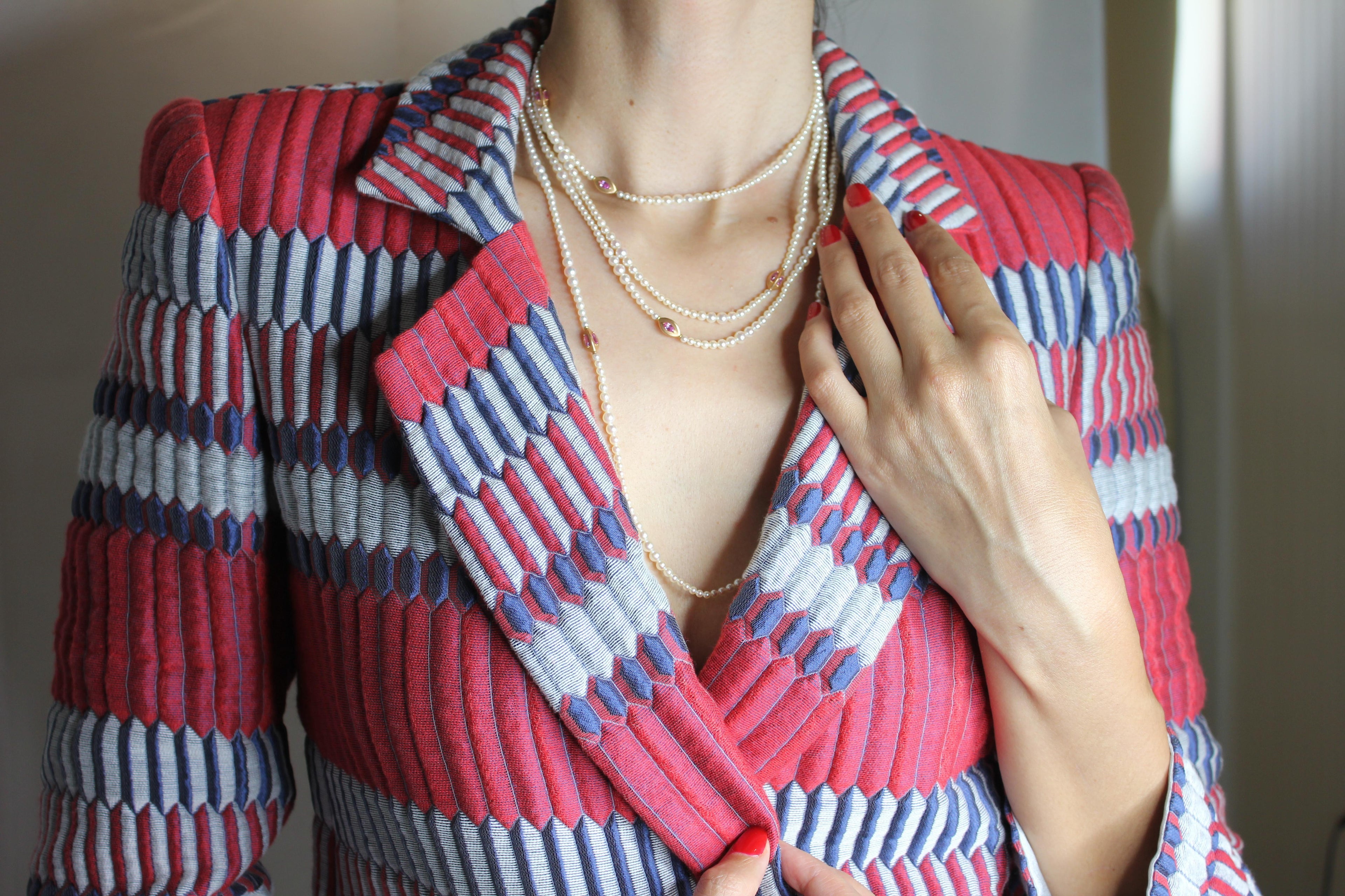 Japanese Akoya White Pearl Long 18 Karat Yellow Gold Pink Sapphire Bead Necklace