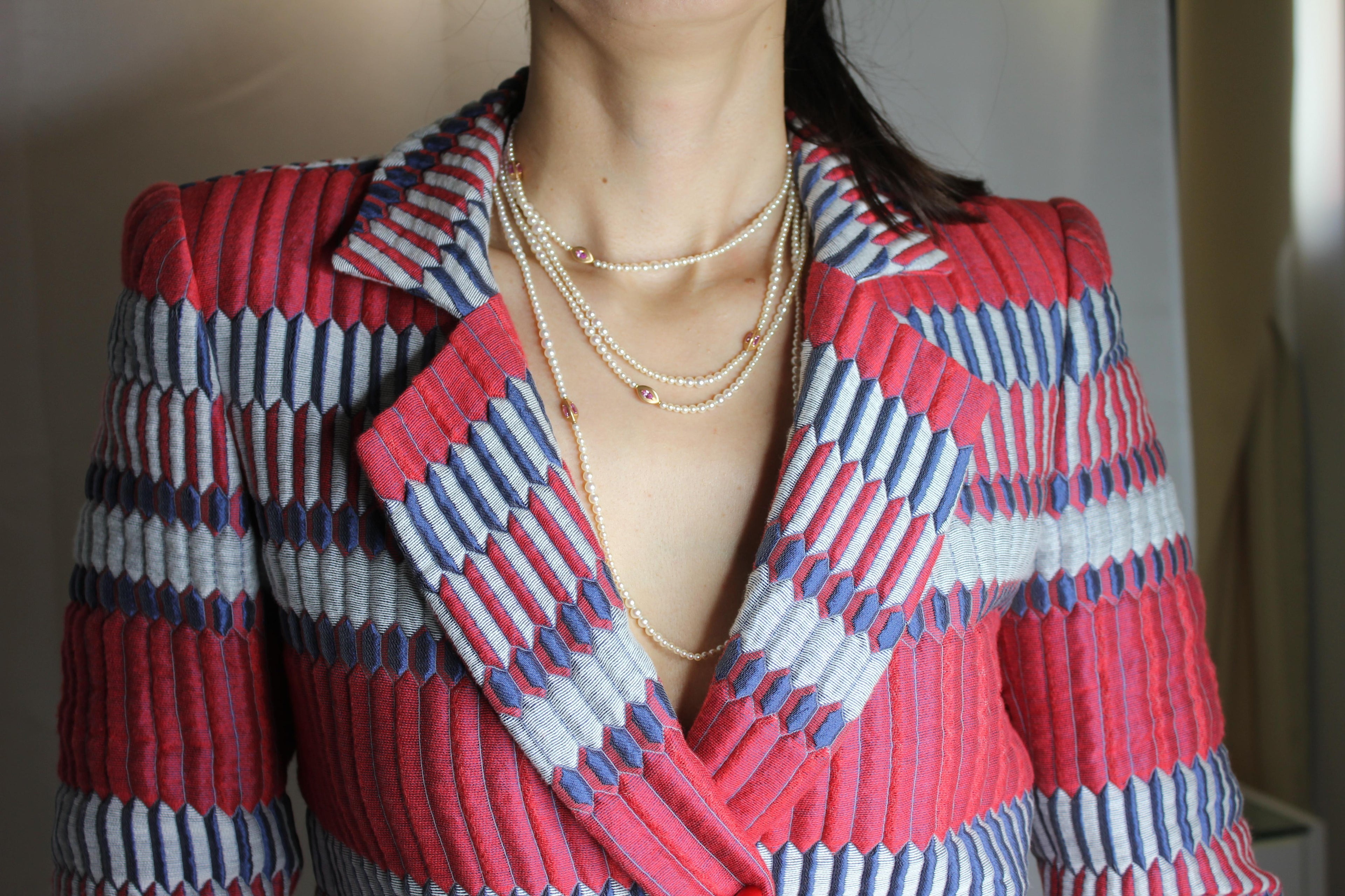 Japanese Akoya White Pearl Long 18 Karat Yellow Gold Pink Sapphire Bead Necklace