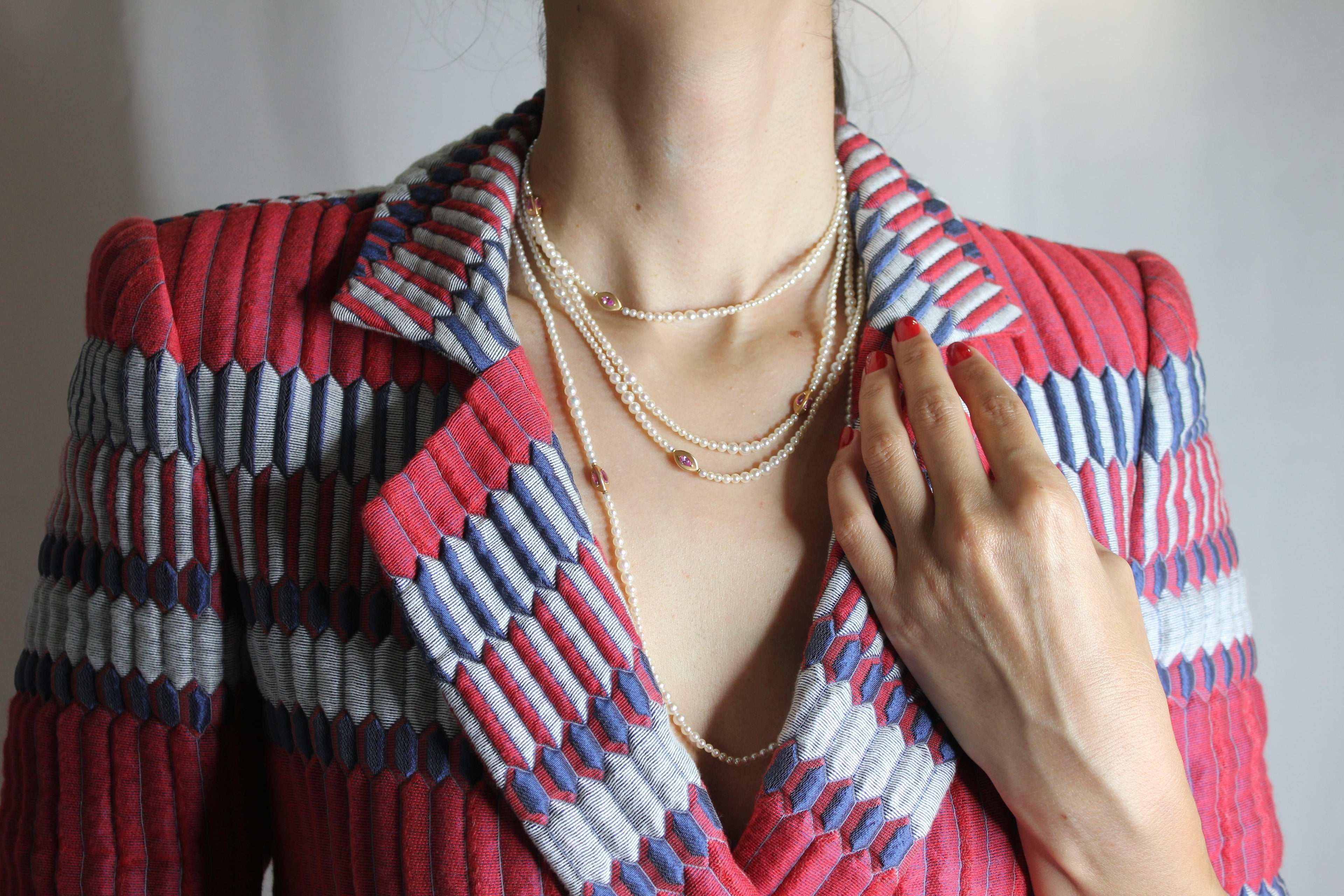 Japanese Akoya White Pearl Long 18 Karat Yellow Gold Pink Sapphire Bead Necklace