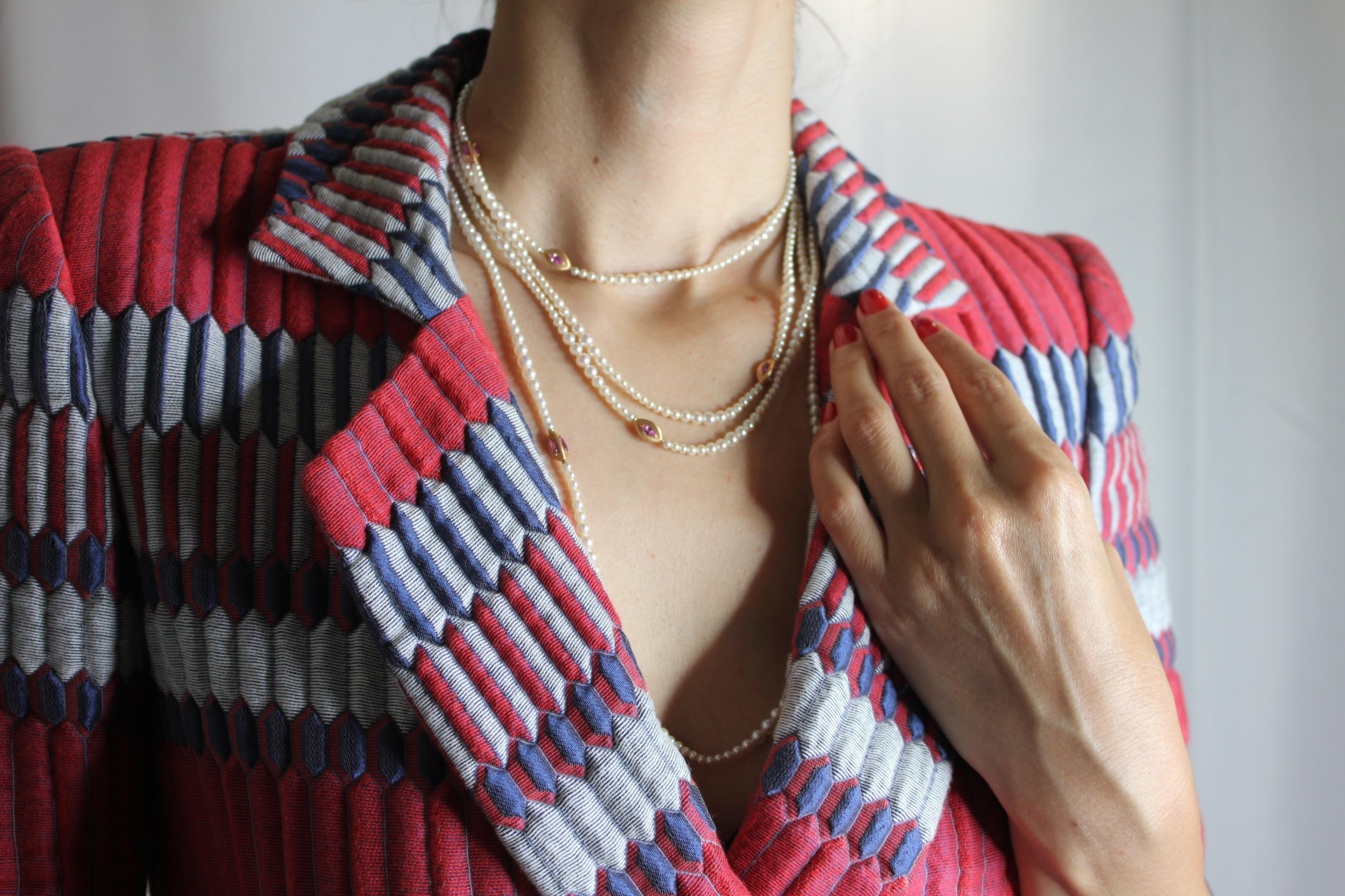 Japanese Akoya White Pearl Long 18 Karat Yellow Gold Pink Sapphire Bead Necklace