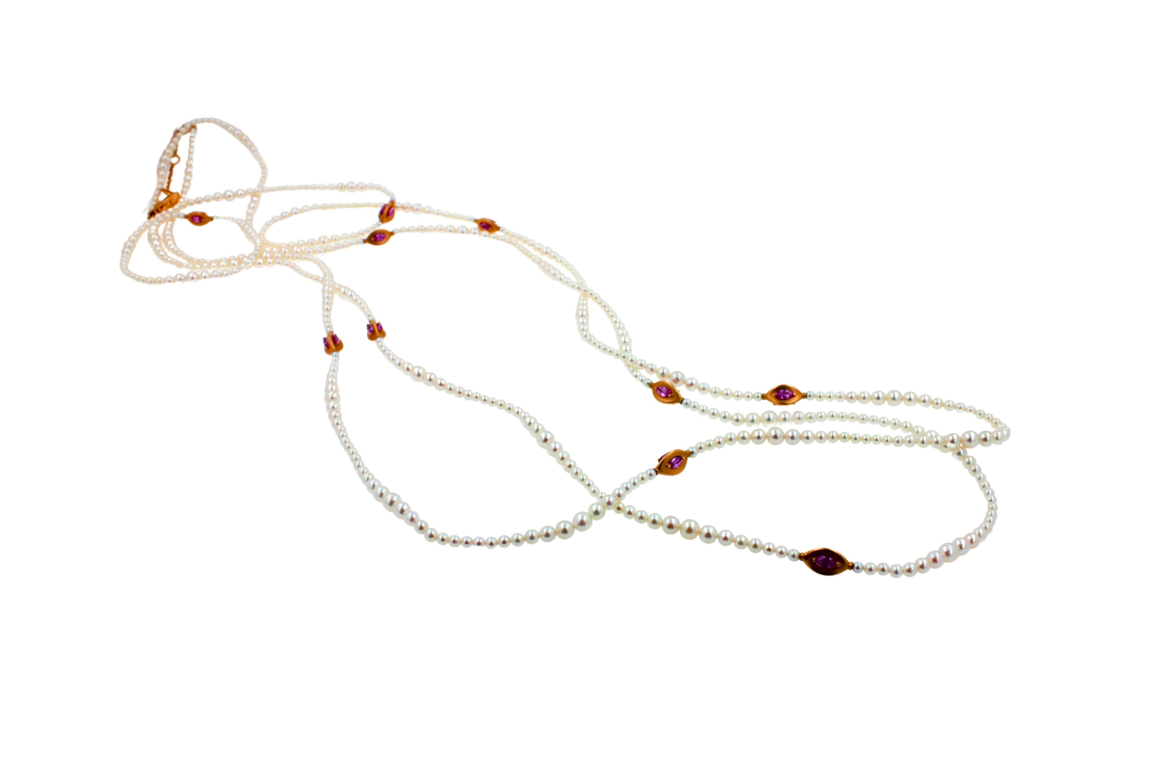 Japanese Akoya White Pearl Long 18 Karat Yellow Gold Pink Sapphire Bead Necklace