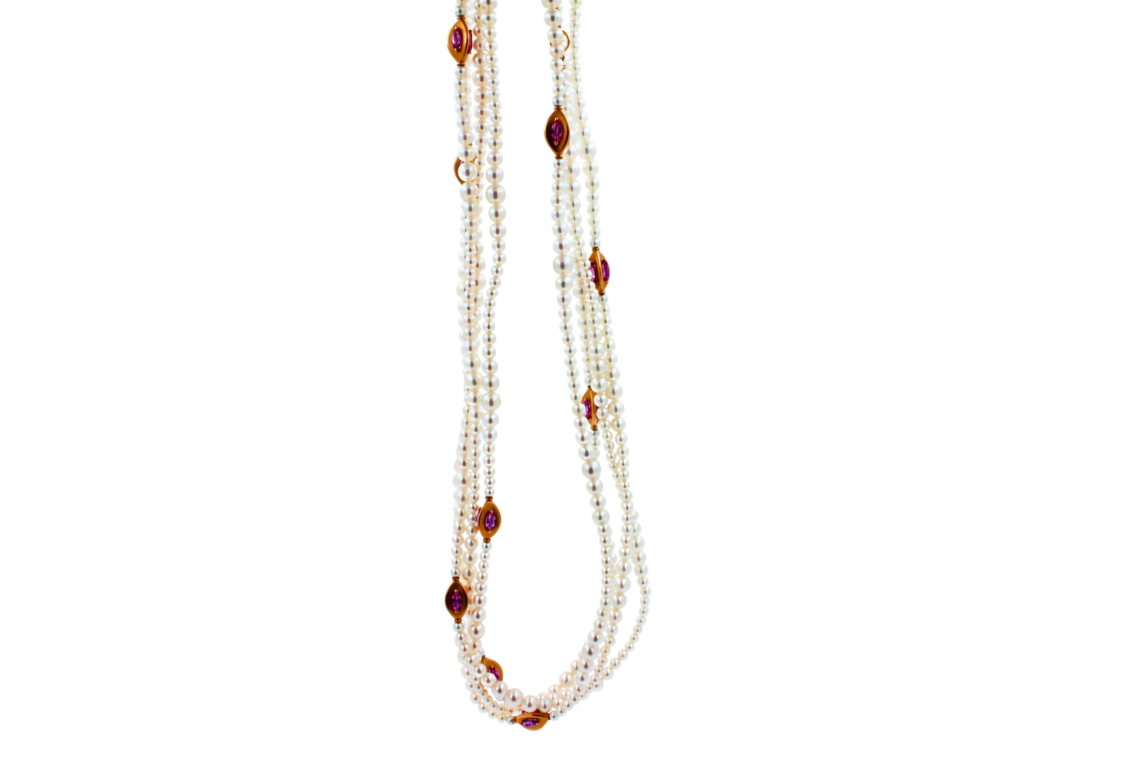 Japanese Akoya White Pearl Long 18 Karat Yellow Gold Pink Sapphire Bead Necklace