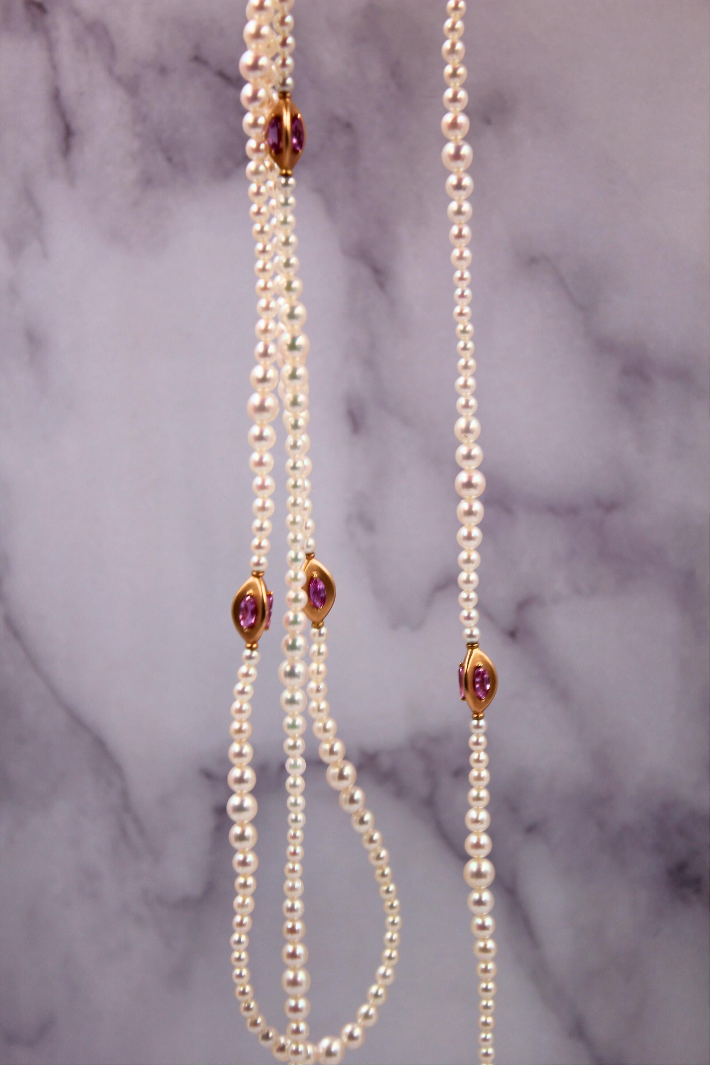 Japanese Akoya White Pearl Long 18 Karat Yellow Gold Pink Sapphire Bead Necklace