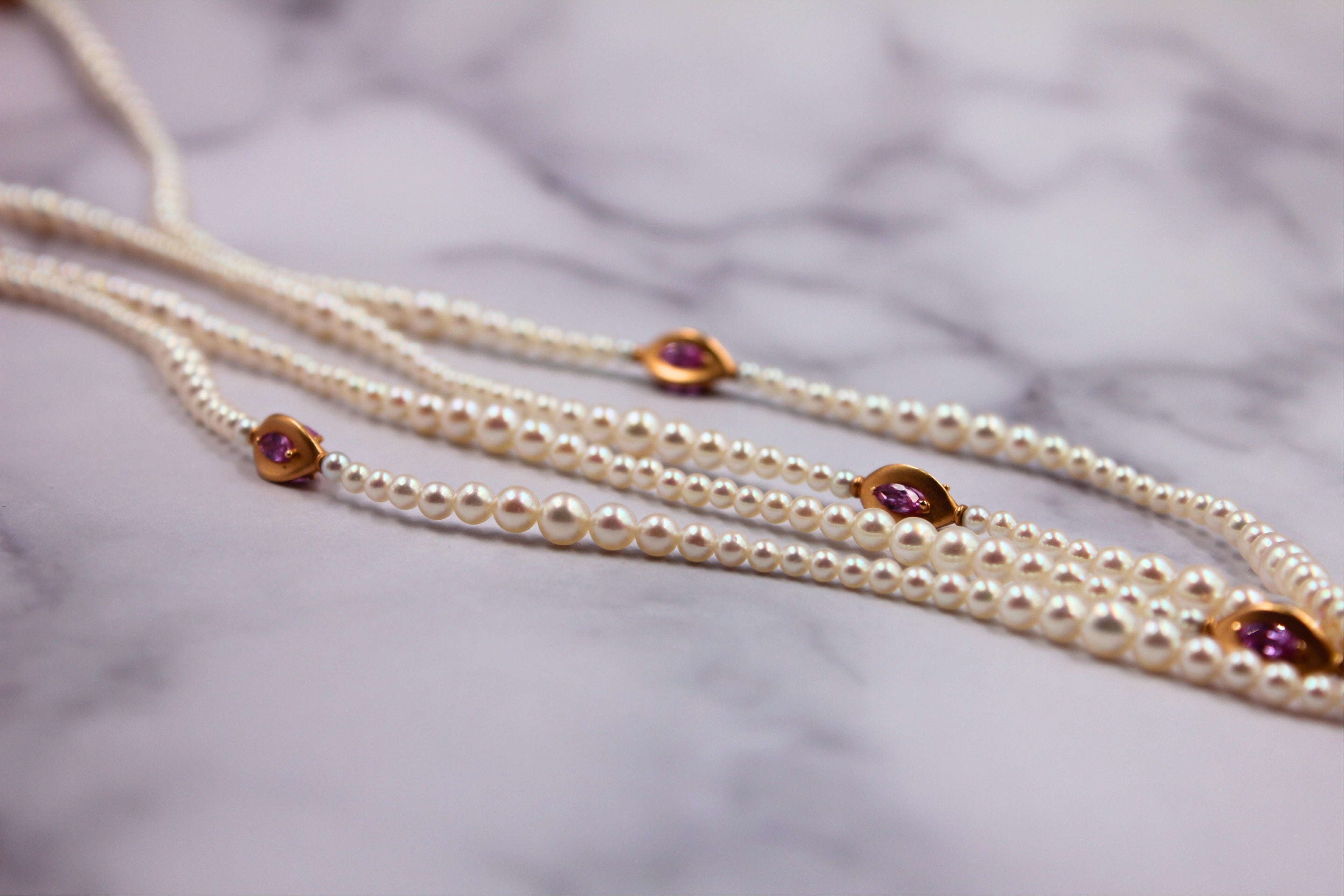 Japanese Akoya White Pearl Long 18 Karat Yellow Gold Pink Sapphire Bead Necklace