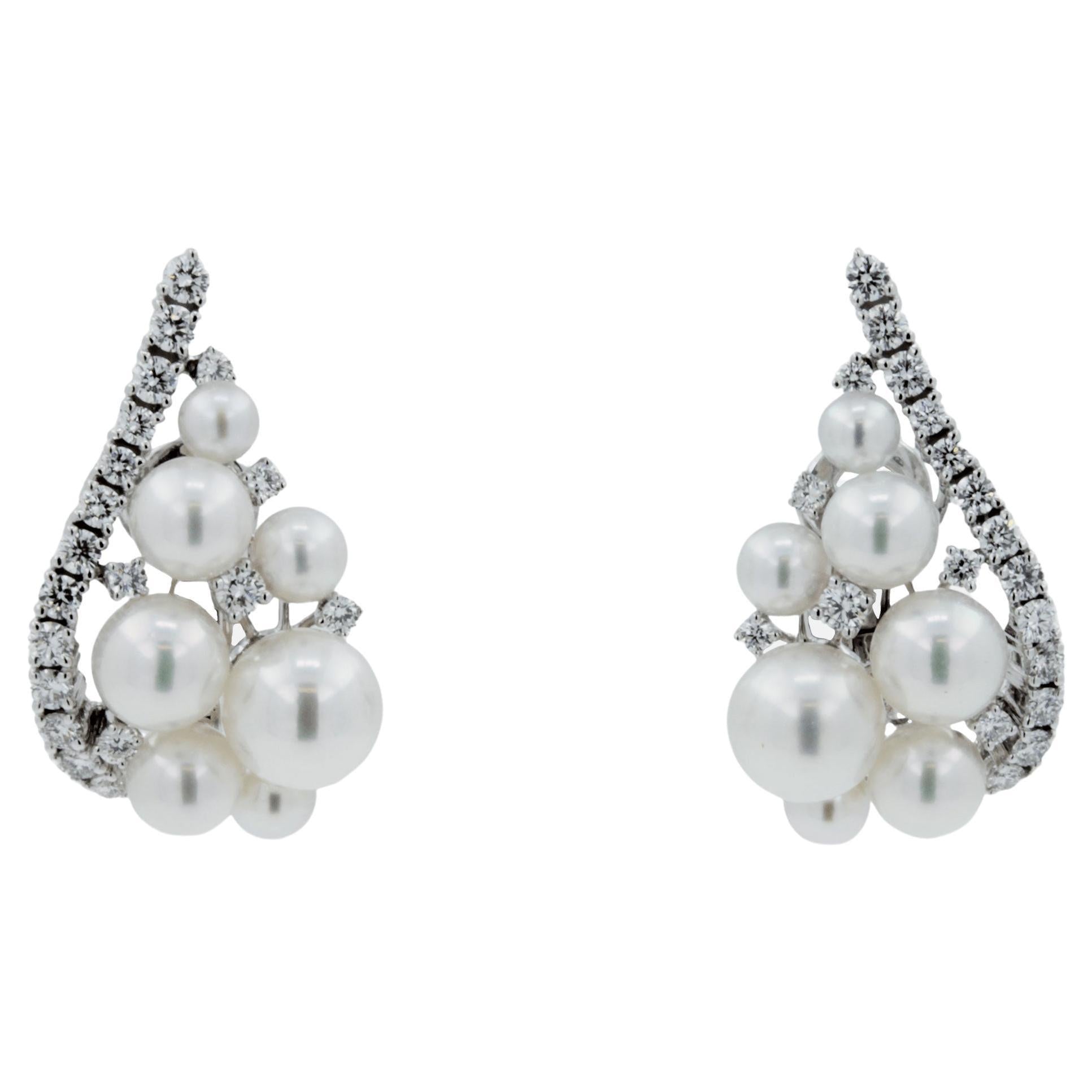Japanese White Akoya Pearl 18K White Gold Luxury Grapes Crown Diamond Earrings