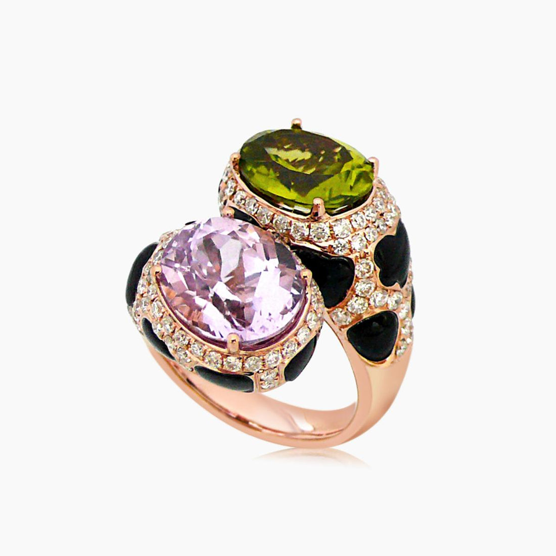 Oval Pink Kunzite & Green Prasiolite & Onyx & White Diamond 18K Rose Gold Ring