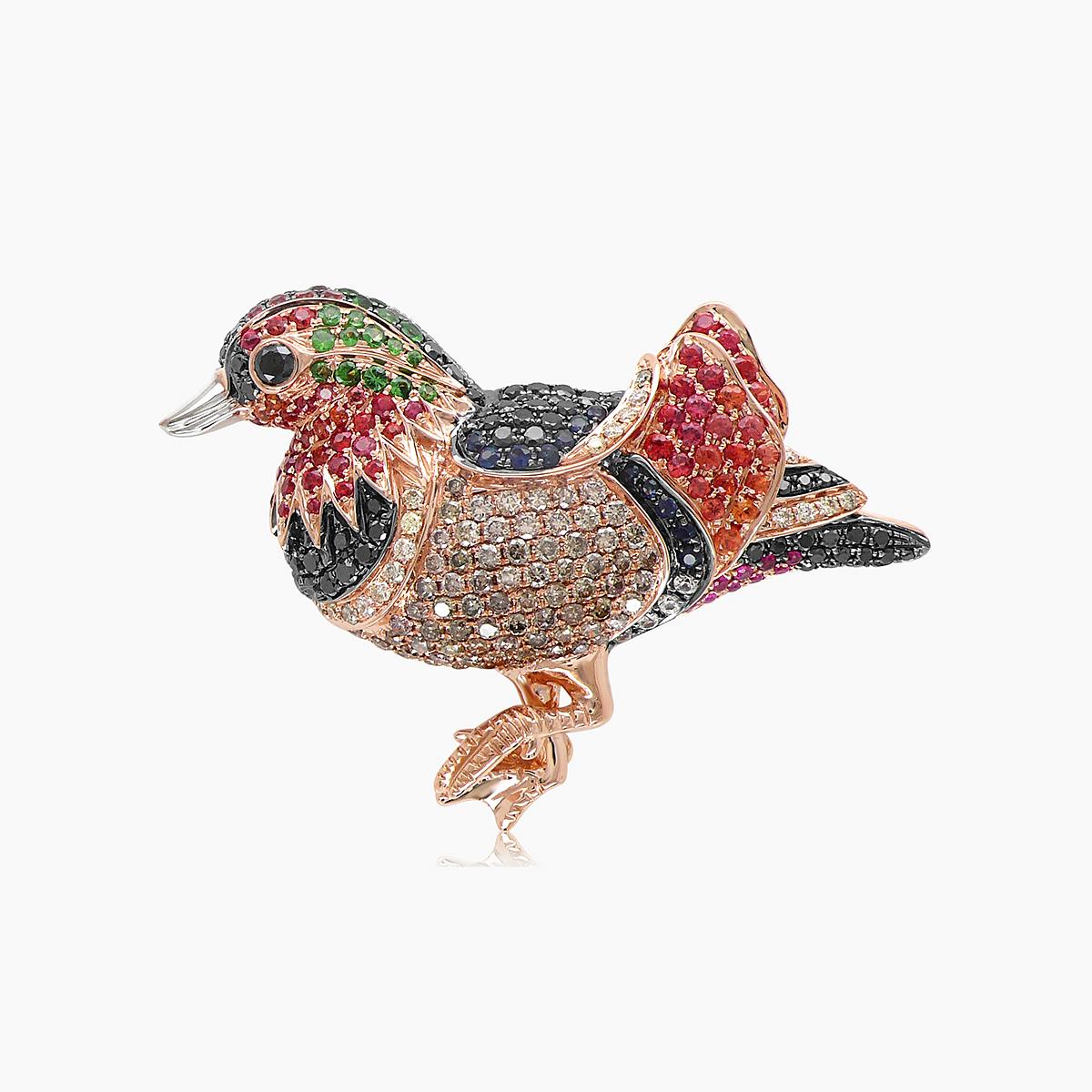 Multicolor Gemstone & White Black Diamond Pave Duck Goose Rose Gold Pin Brooch