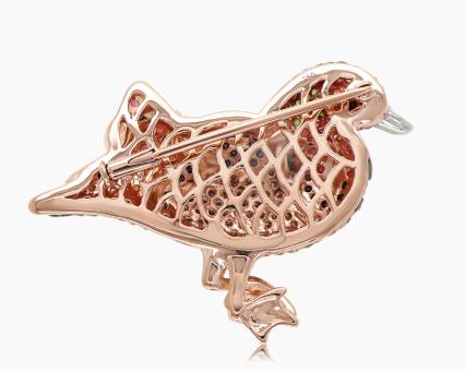 Multicolor Gemstone & White Black Diamond Pave Duck Goose Rose Gold Pin Brooch