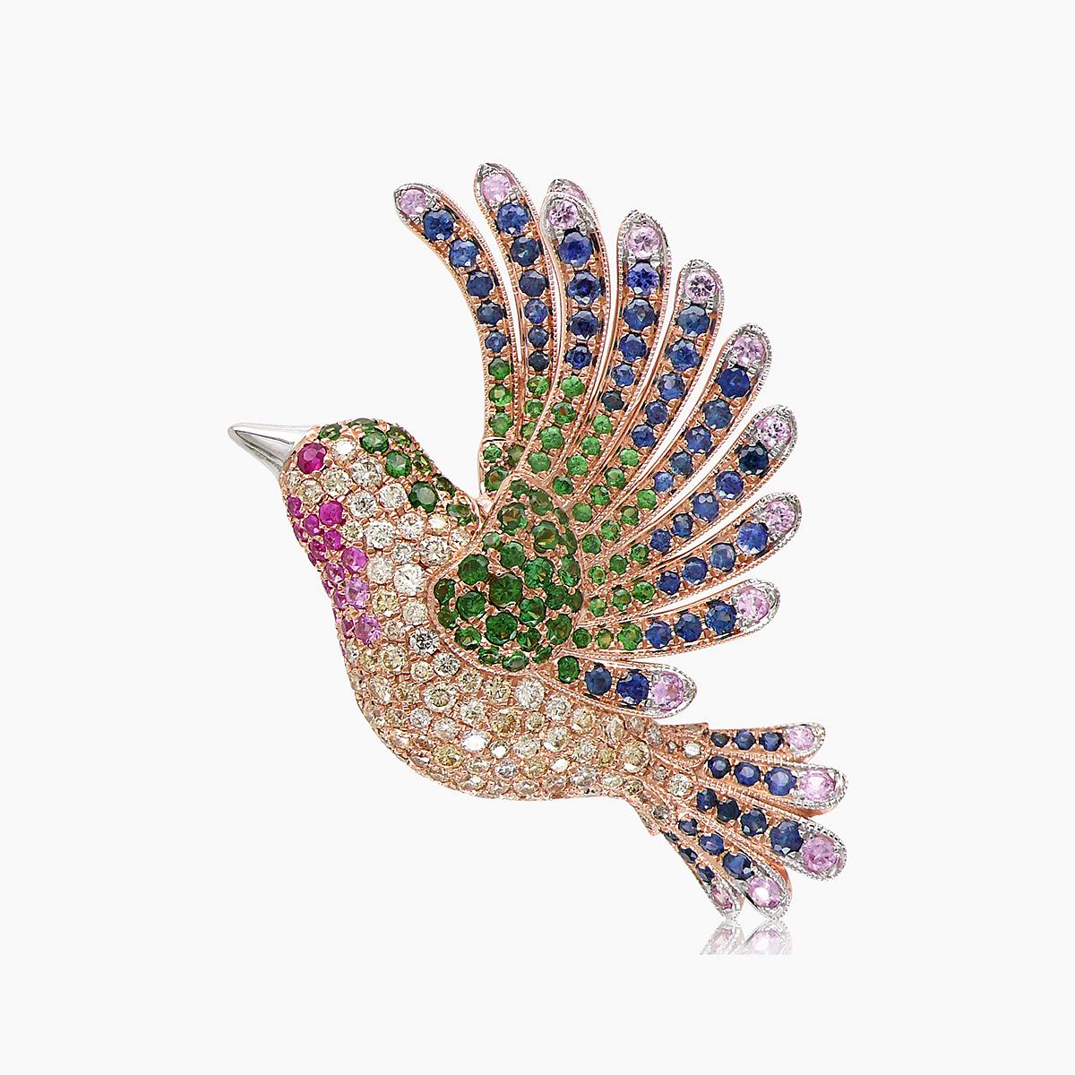 Multicolor Sapphire & Gemstone & Diamond Pave Dove Bird 18K Rose Gold Pin Brooch