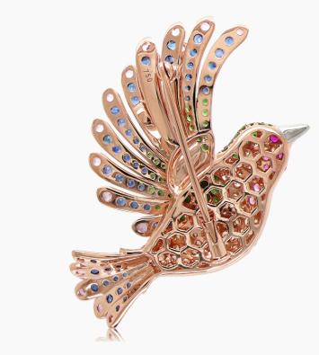 Multicolor Sapphire & Gemstone & Diamond Pave Dove Bird 18K Rose Gold Pin Brooch