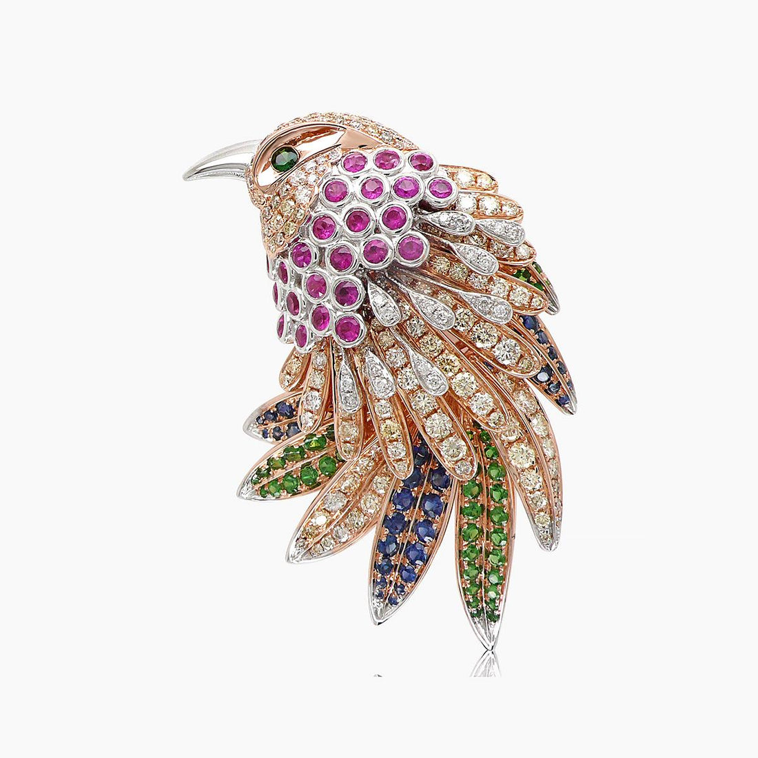 Eagle Bird Diamonds Pave & Ruby & Multi Gemstone 18K Rose Gold Brooch Pendant