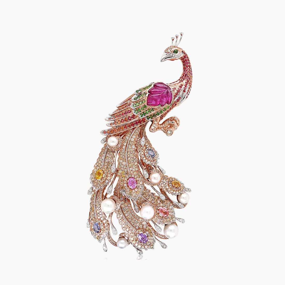 Peacock Bird Multi-Colour Sapphire Fancy Diamond Pearl 18K Rose Gold Pin Brooch