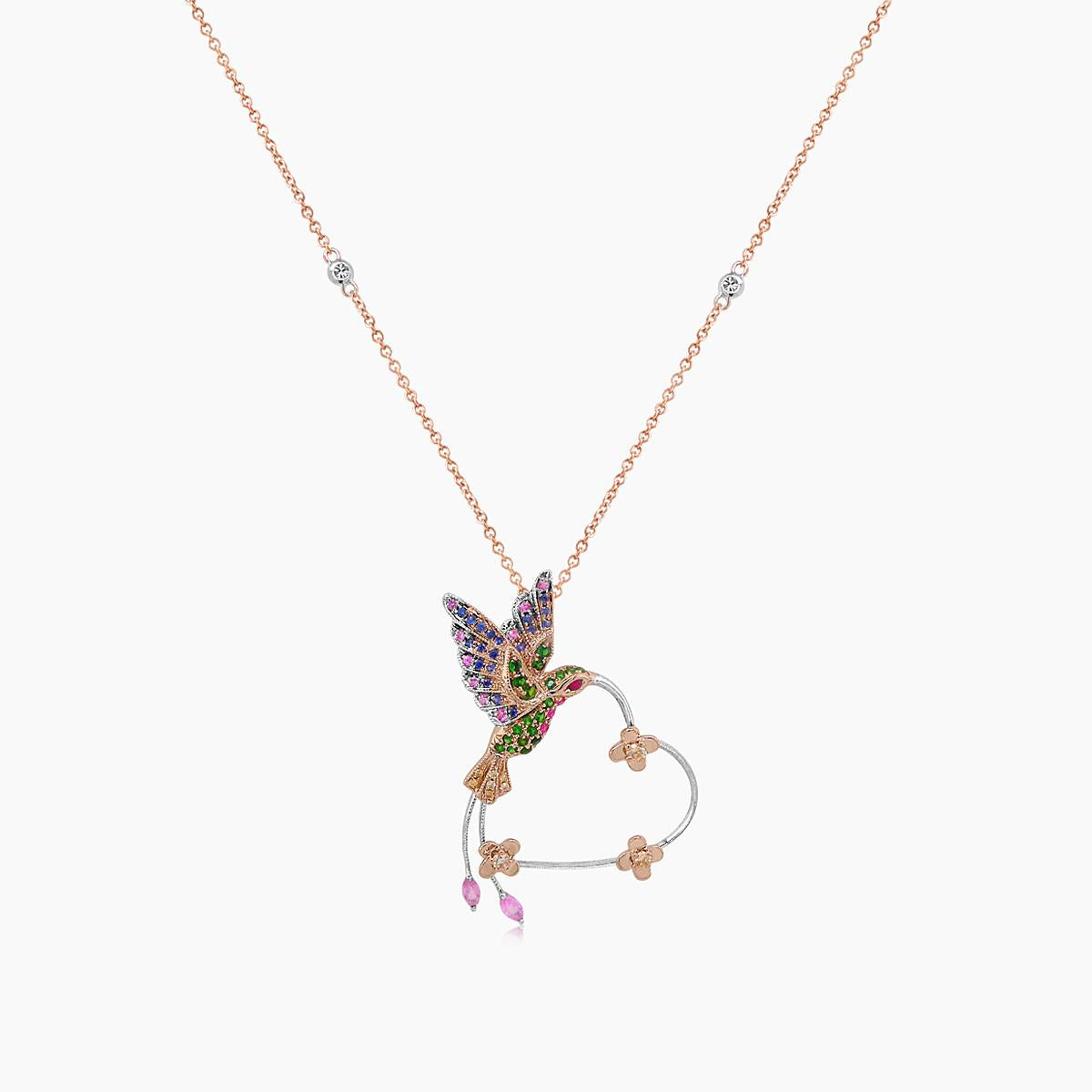 Multicolor Sapphire Gemstone & Diamond Hummingbird Rose Gold Pendant Necklace