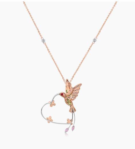 Multicolor Sapphire Gemstone & Diamond Hummingbird Rose Gold Pendant Necklace