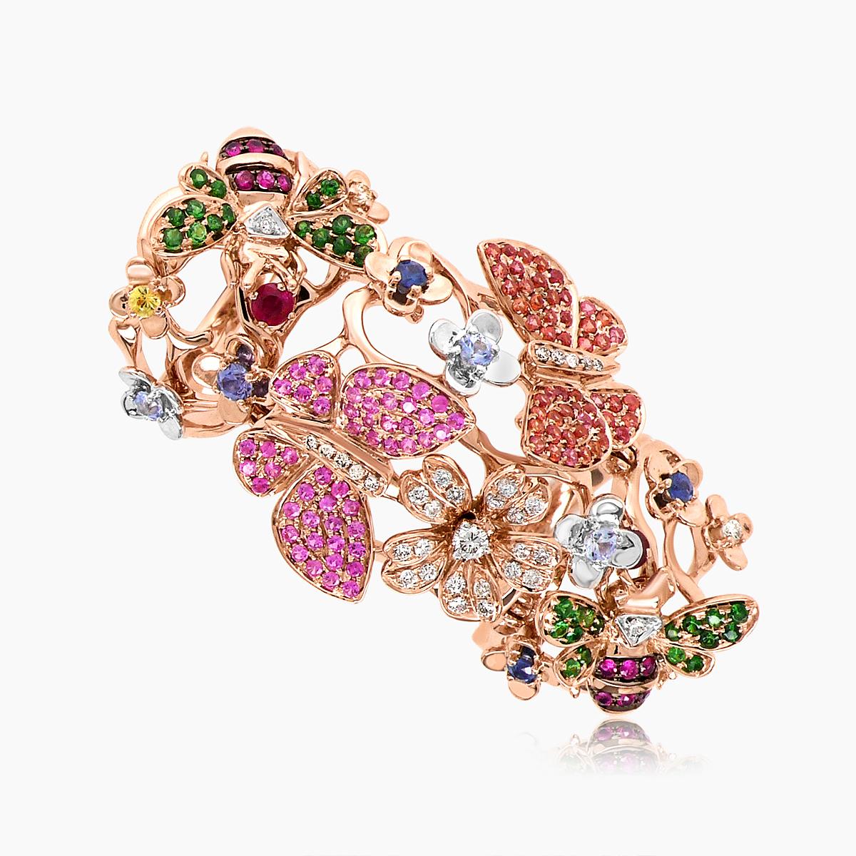 Pink Sapphire & Diamonds & Gemstones Butterfly Sweet Flower 18K Rose Gold Ring
