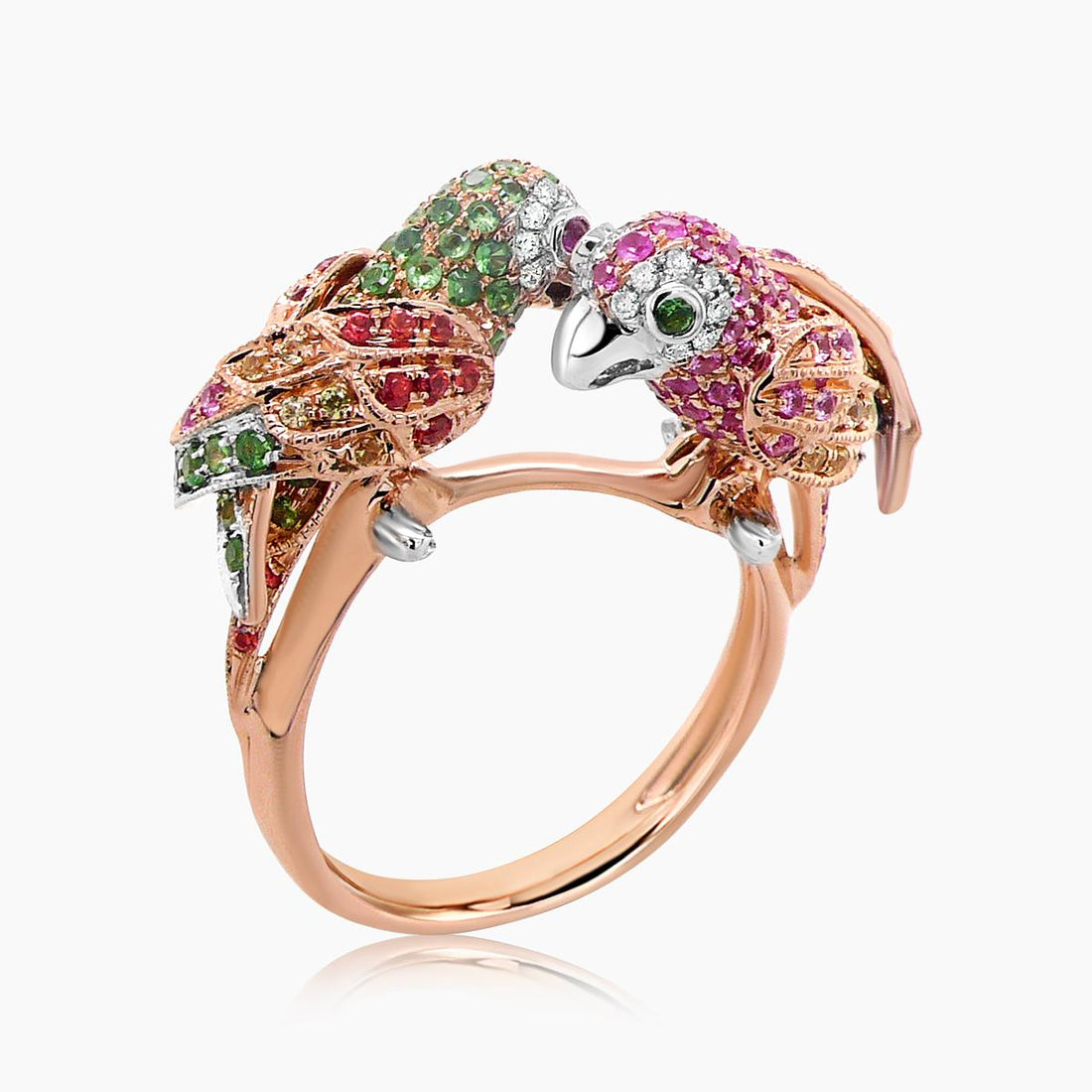 Parrot Bird Multi-Colour Sapphire & Ruby & Diamond & Garnet 18K Rose Gold Ring