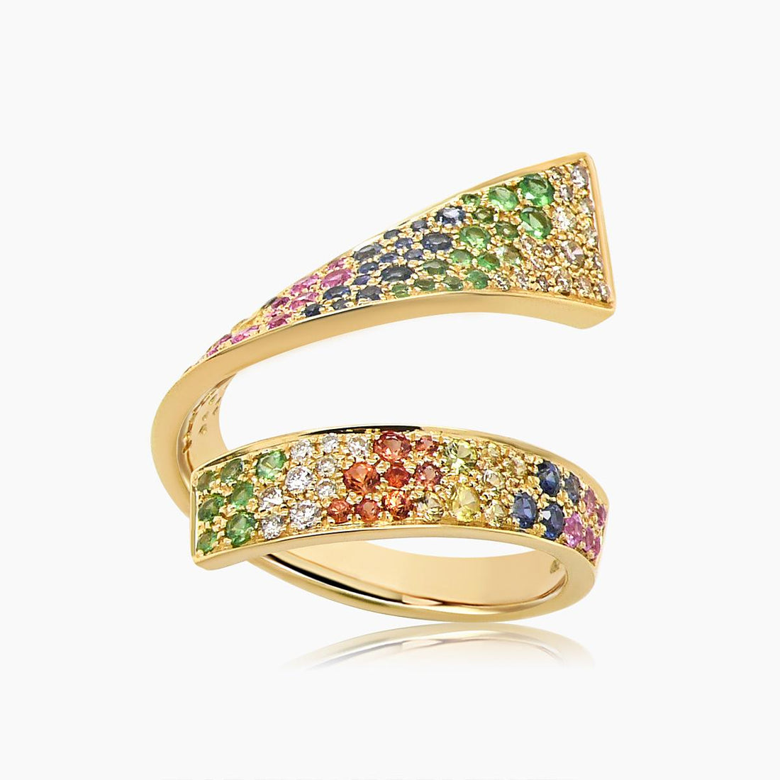 Rainbow Multi-Color Sapphire Pave Set 18K Yellow Gold Bypass Ring
