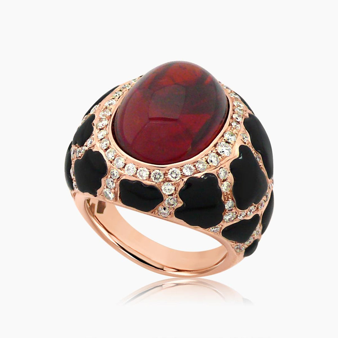 Oval Shape Cabochon Mandarin & Black Onyx & White Diamond 18K Rose Gold Ring