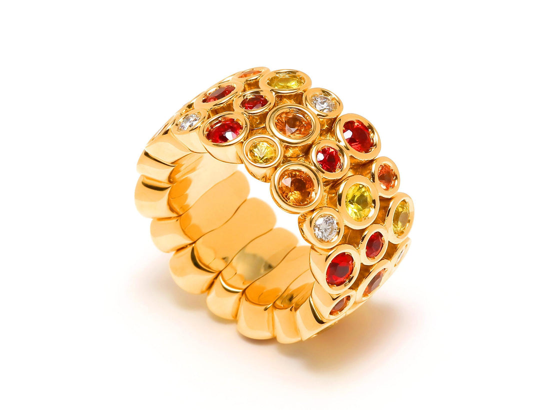 Modern Round Sapphires, Rubies & Diamonds Ring Set in 18K Yellow Gold