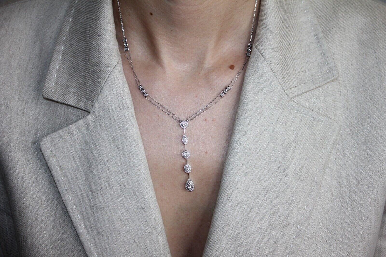 Multi Shape Halo Pave Diamond 18 Karat White Gold Pendant Drop Lariat Necklace