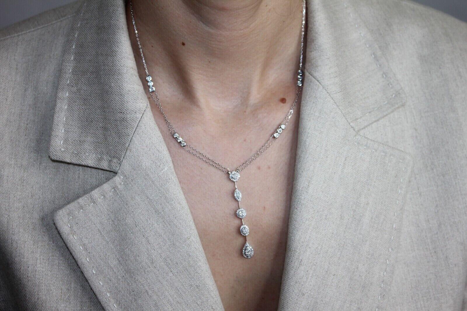 Multi Shape Halo Pave Diamond 18 Karat White Gold Pendant Drop Lariat Necklace