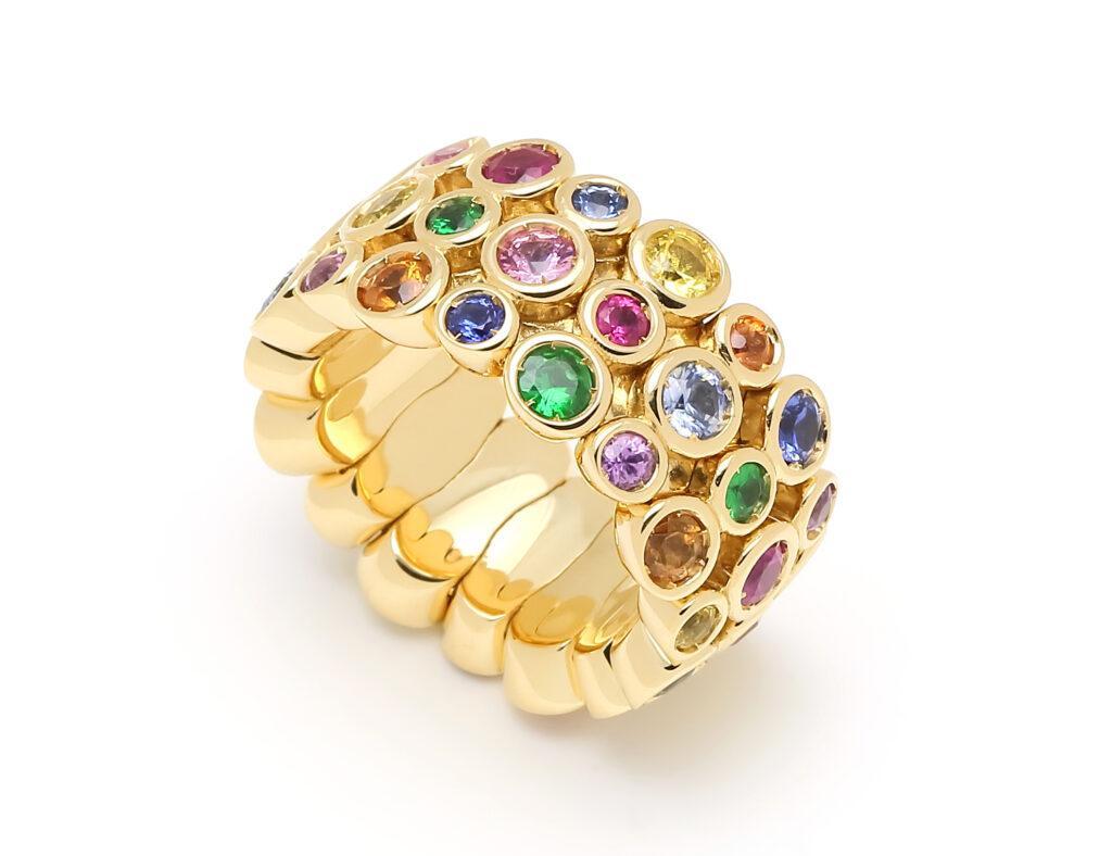 Multicolor Rainbow Sapphire Gemstone Bezel Eternity Band 18K Yellow Gold Ring