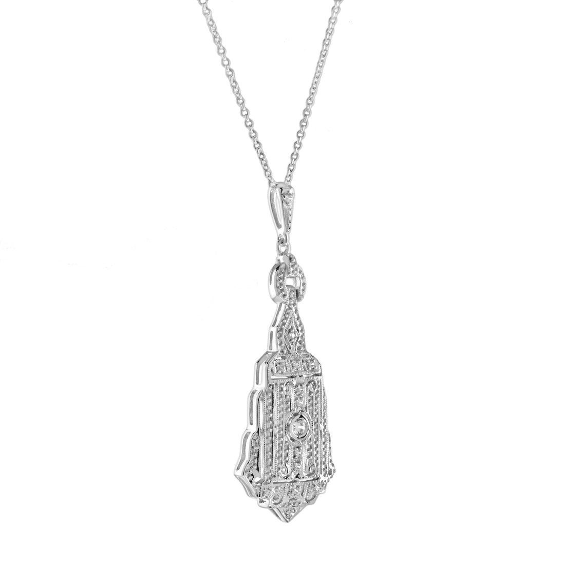 Diamond Art Deco Style 14K White Gold Chandelier Motif Pendant Necklace