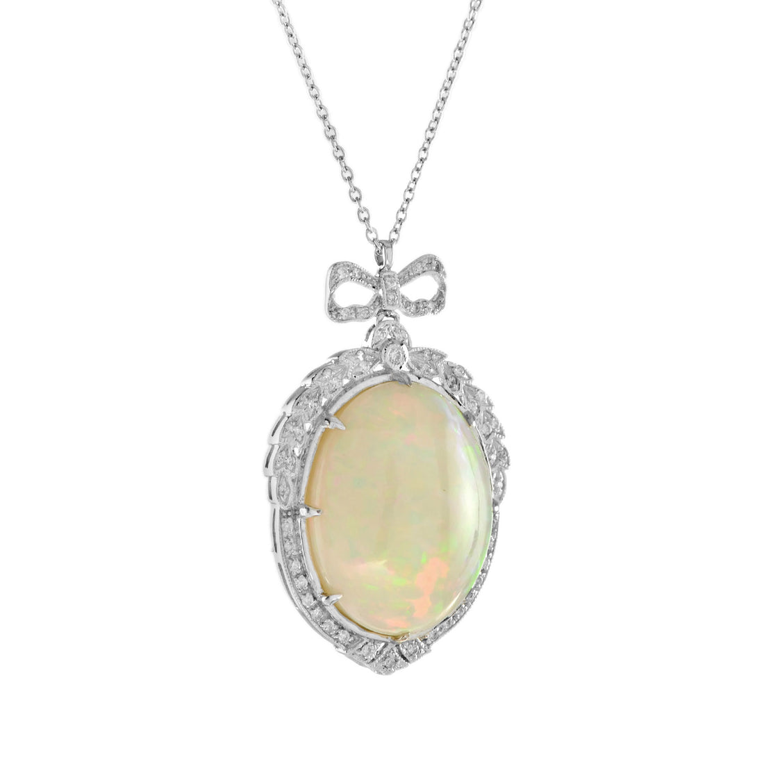 Edwardian Style 15.39 Ethiopian Opal & Diamond 18K White Gold Vintage Necklace