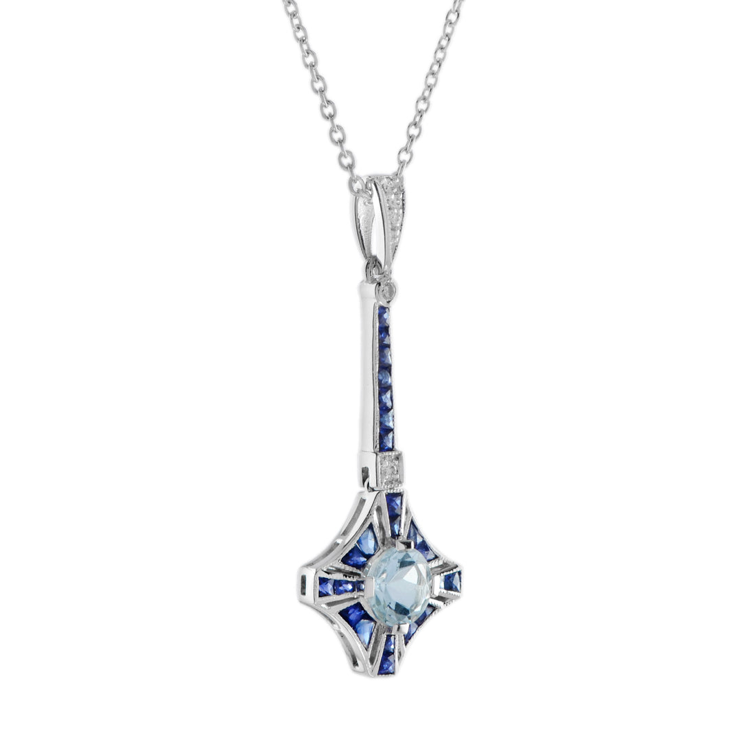 Blue Aquamarine Sapphire Diamond Art Deco Style 18K White Gold Pendant Necklace