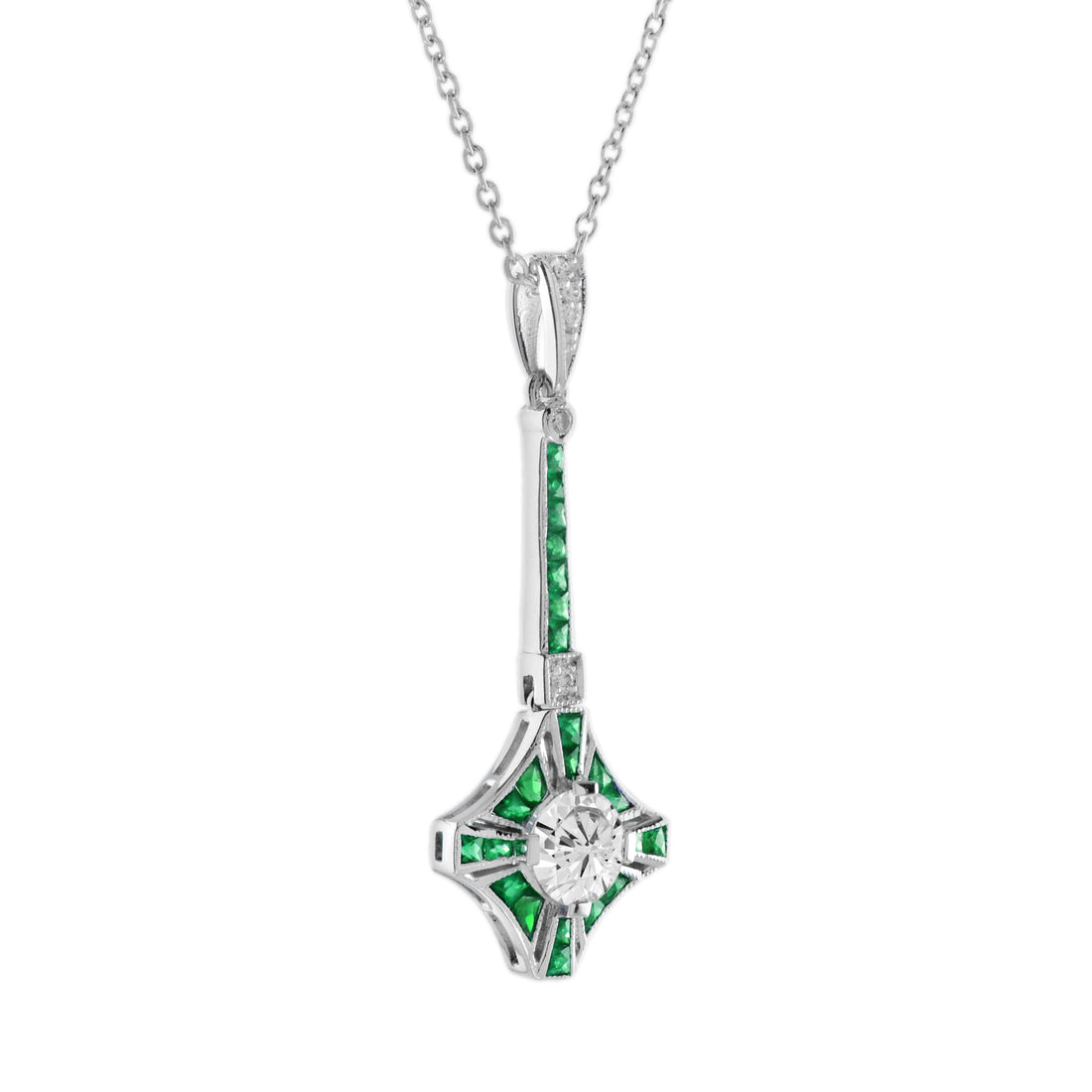Round Diamond & Green Emerald Art Deco Style 14K White Gold Pendant Necklace