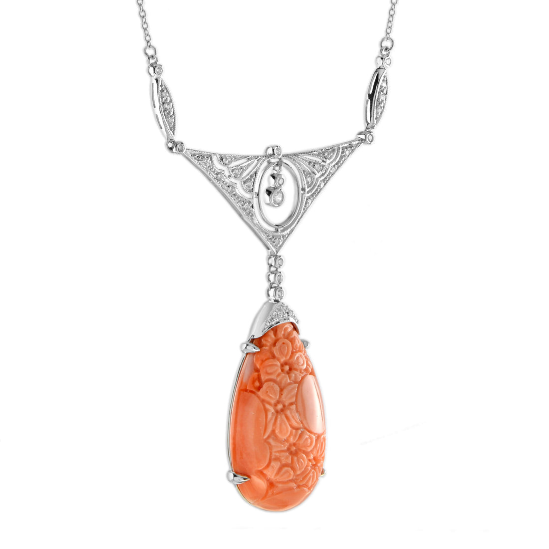Carved Orange Coral & Diamond Antique Style 14K White Gold Pendant Necklace