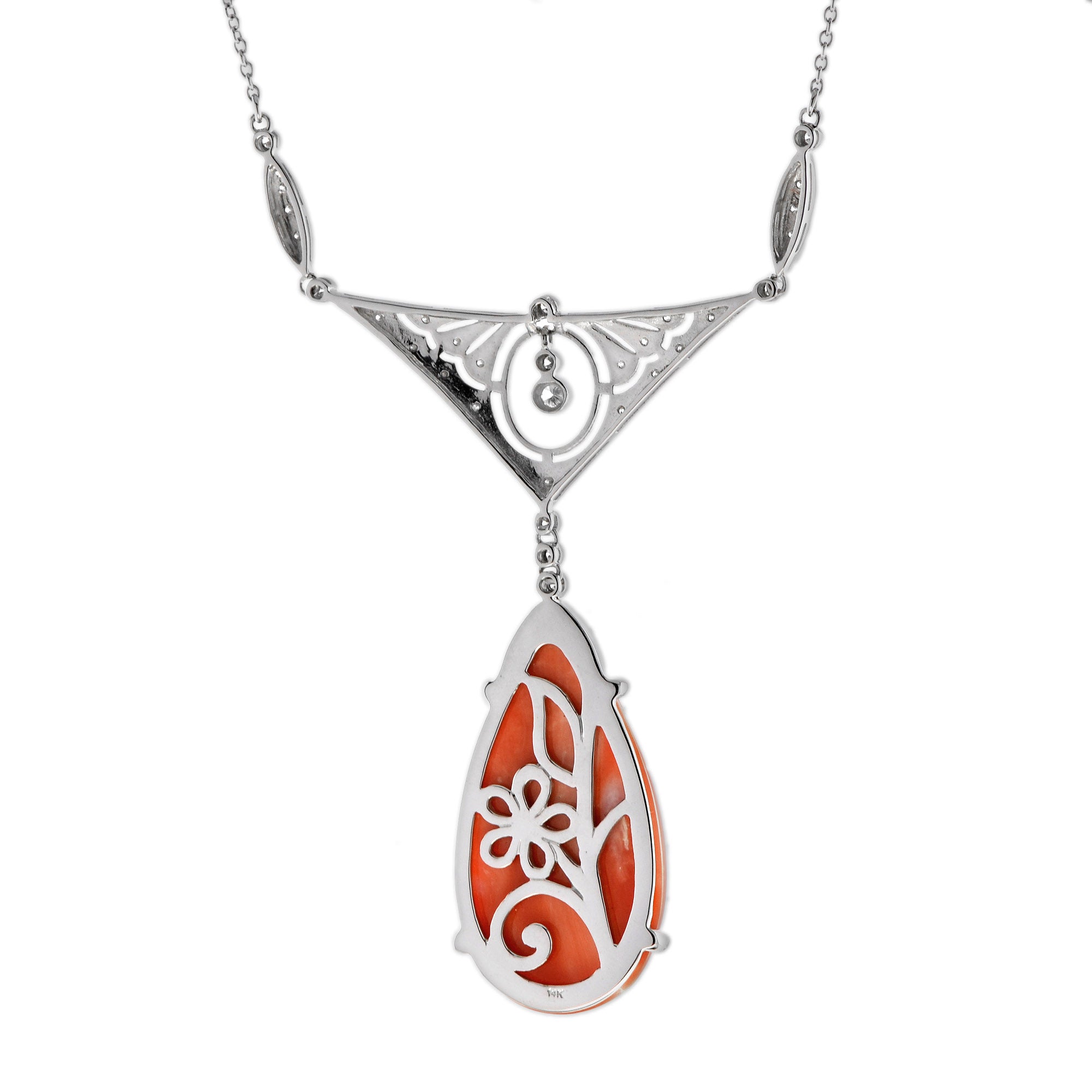 Carved Orange Coral & Diamond Antique Style 14K White Gold Pendant Necklace
