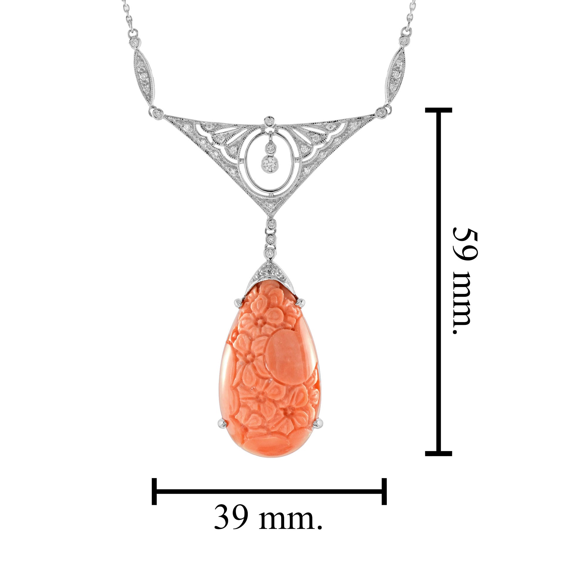 Carved Orange Coral & Diamond Antique Style 14K White Gold Pendant Necklace