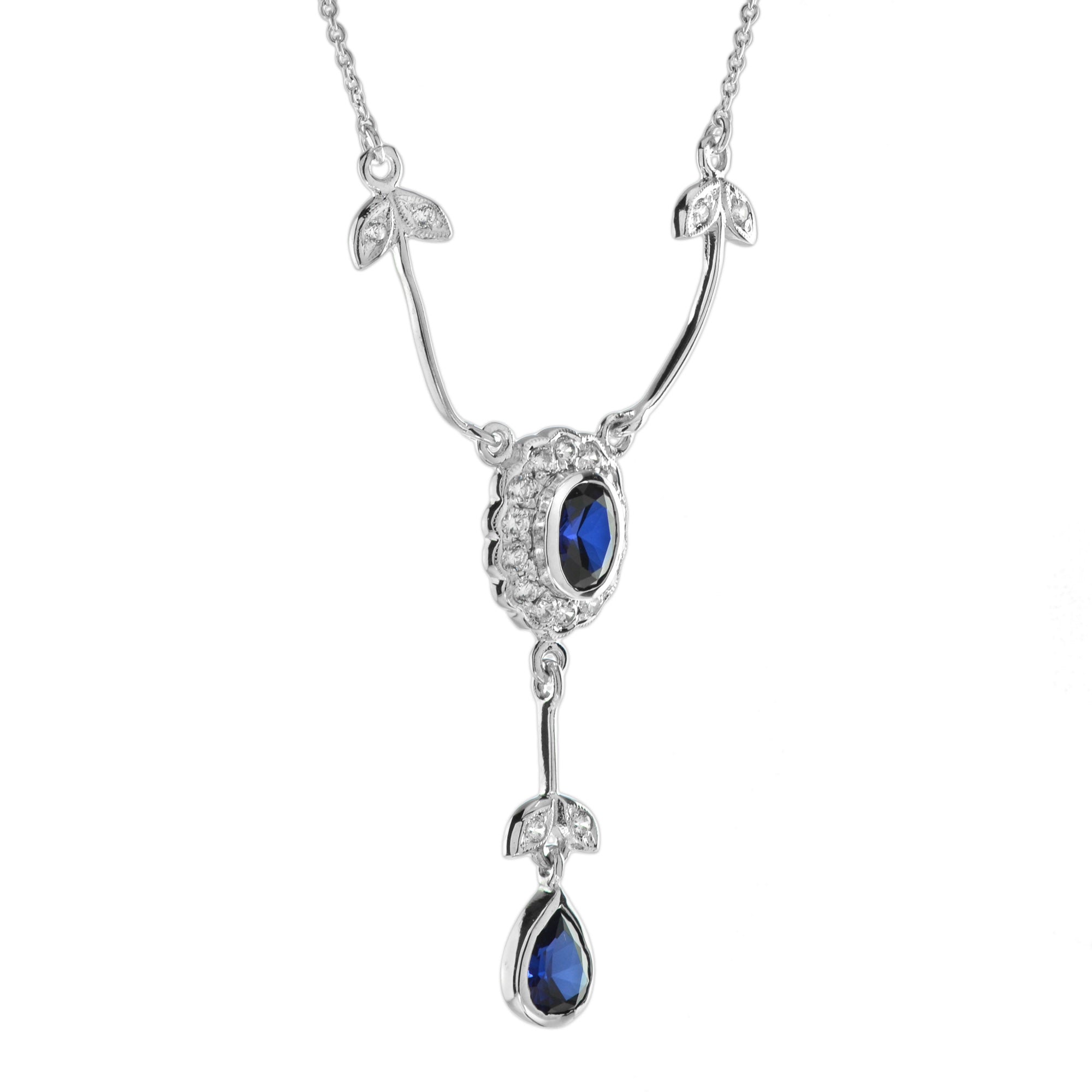 Blue Sapphire & Diamond Art Deco Style 14K White Gold Drop Pendant Necklace