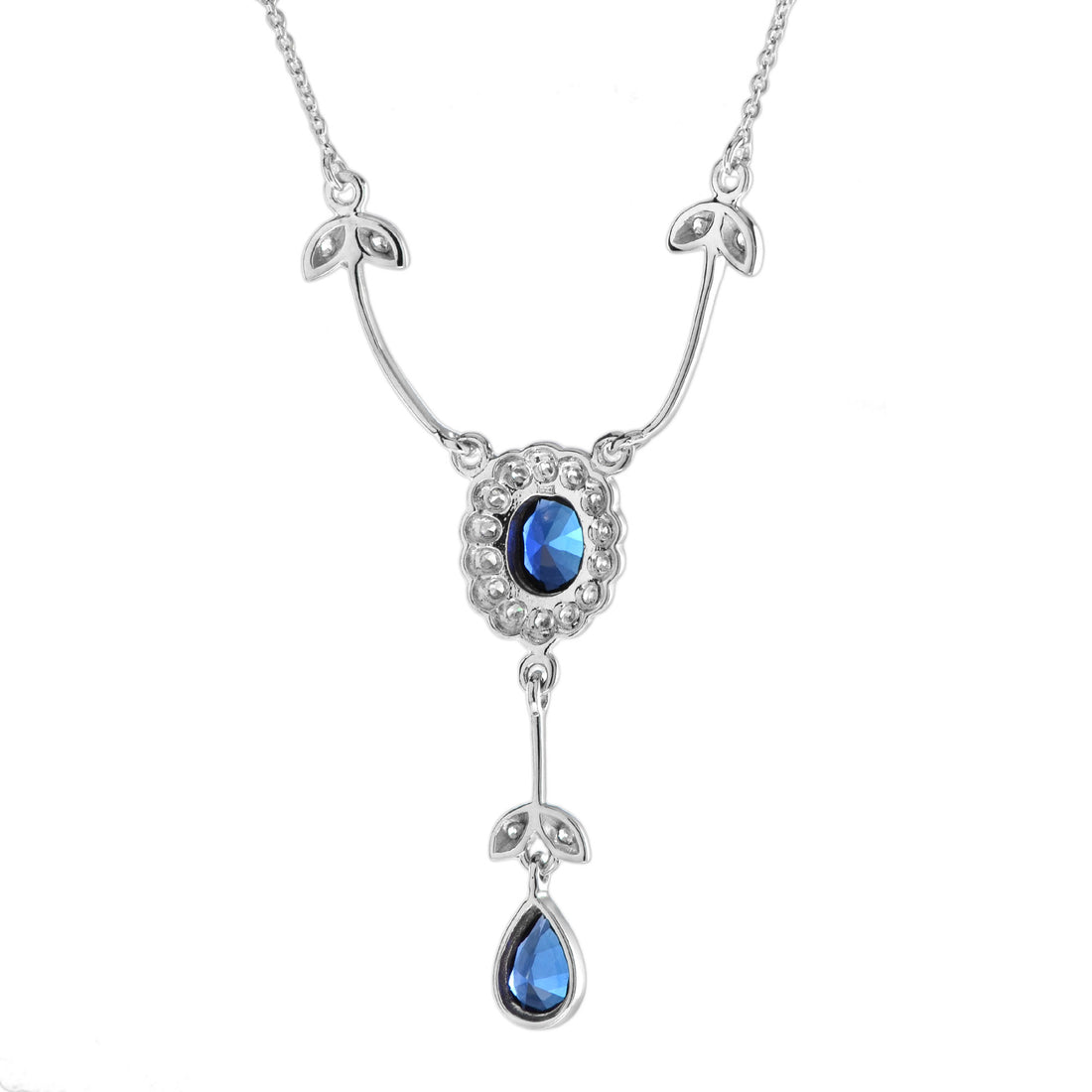 Blue Sapphire & Diamond Art Deco Style 14K White Gold Drop Pendant Necklace