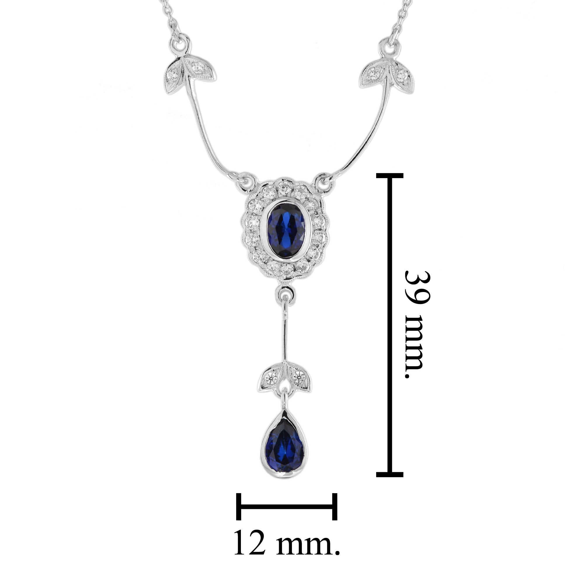 Blue Sapphire & Diamond Art Deco Style 14K White Gold Drop Pendant Necklace