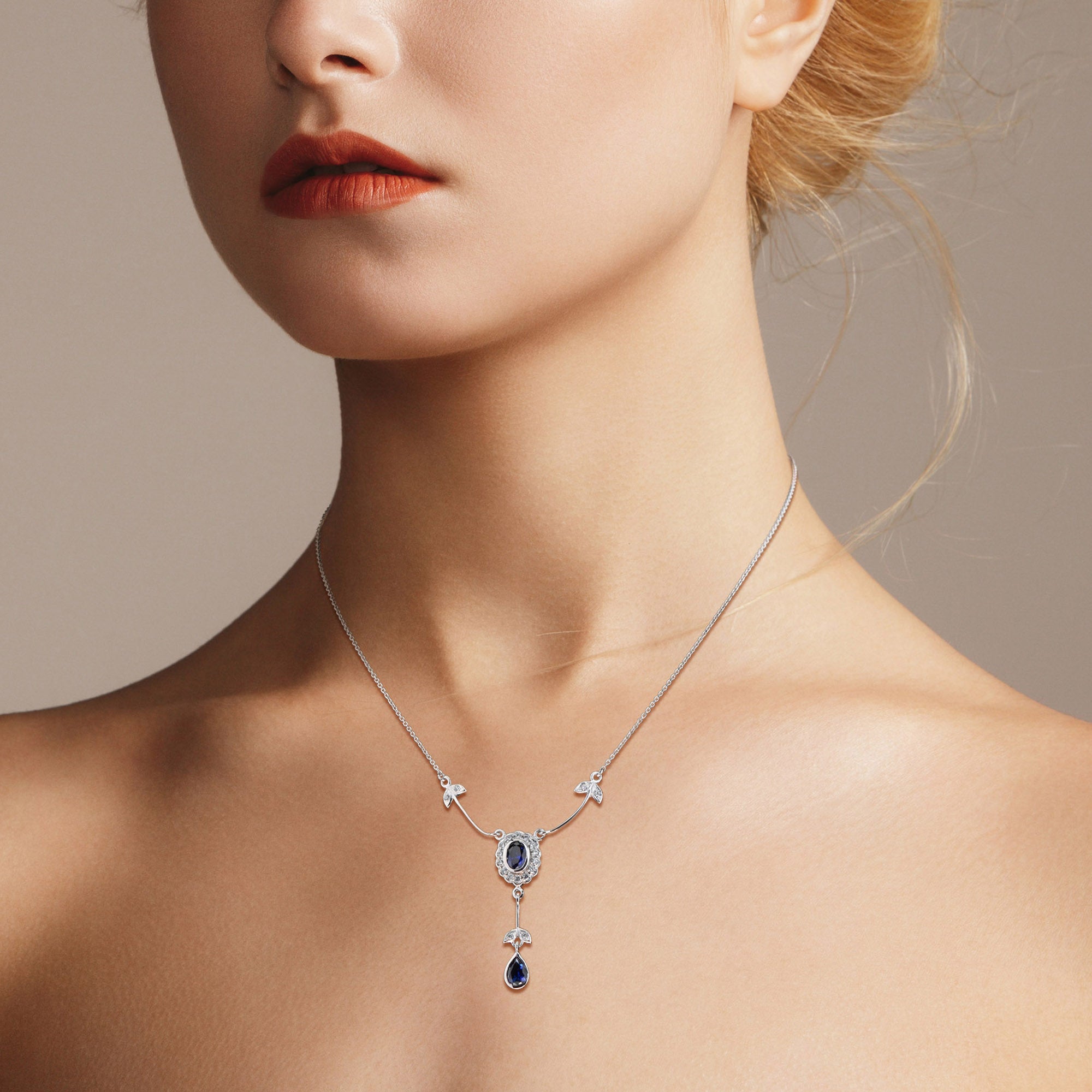 Blue Sapphire & Diamond Art Deco Style 14K White Gold Drop Pendant Necklace