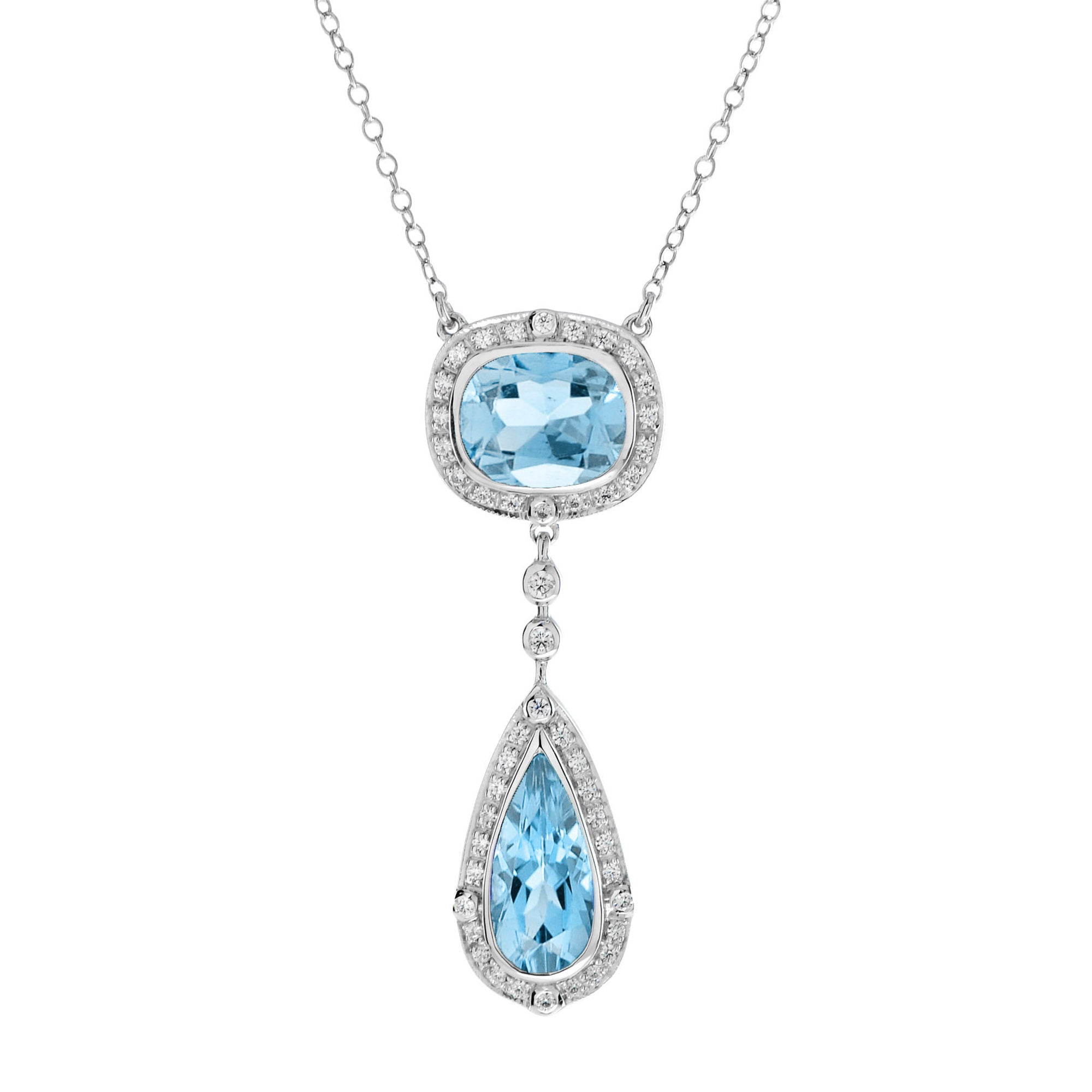 Double Drop Blue Topaz with Diamond Halo Accent Pendant 14K White Gold Necklace