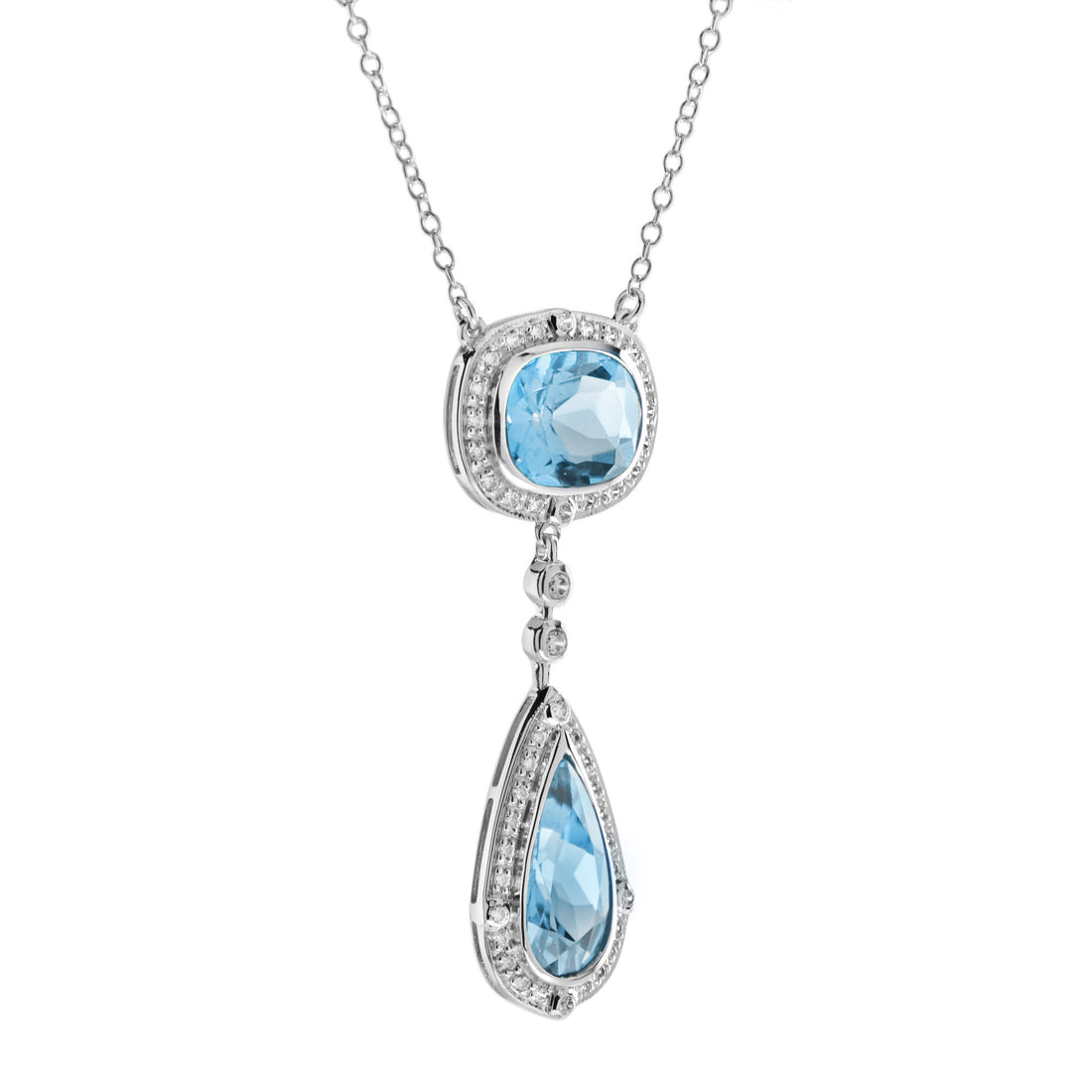 Double Drop Blue Topaz with Diamond Halo Accent Pendant 14K White Gold Necklace