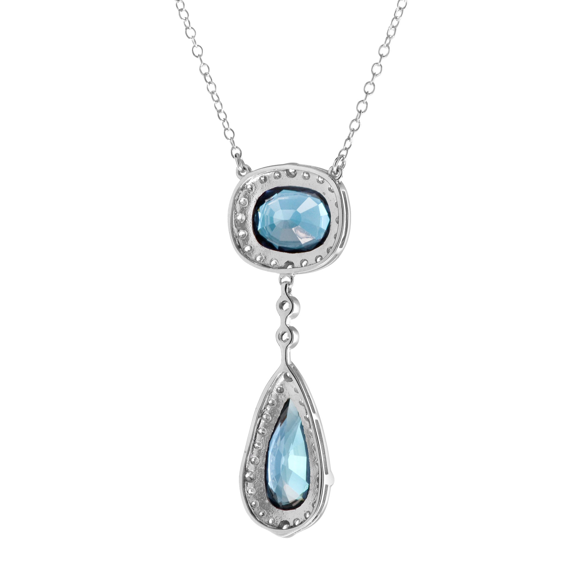 Double Drop Blue Topaz with Diamond Halo Accent Pendant 14K White Gold Necklace