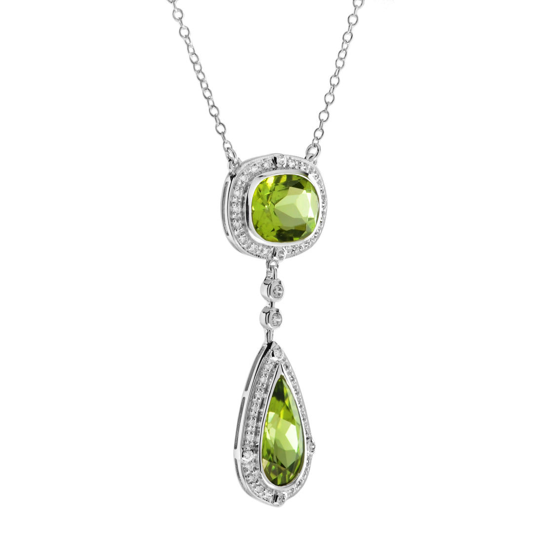 Double Drop Green Peridot with Diamond Halo Set 14K White Gold Pendant Necklace