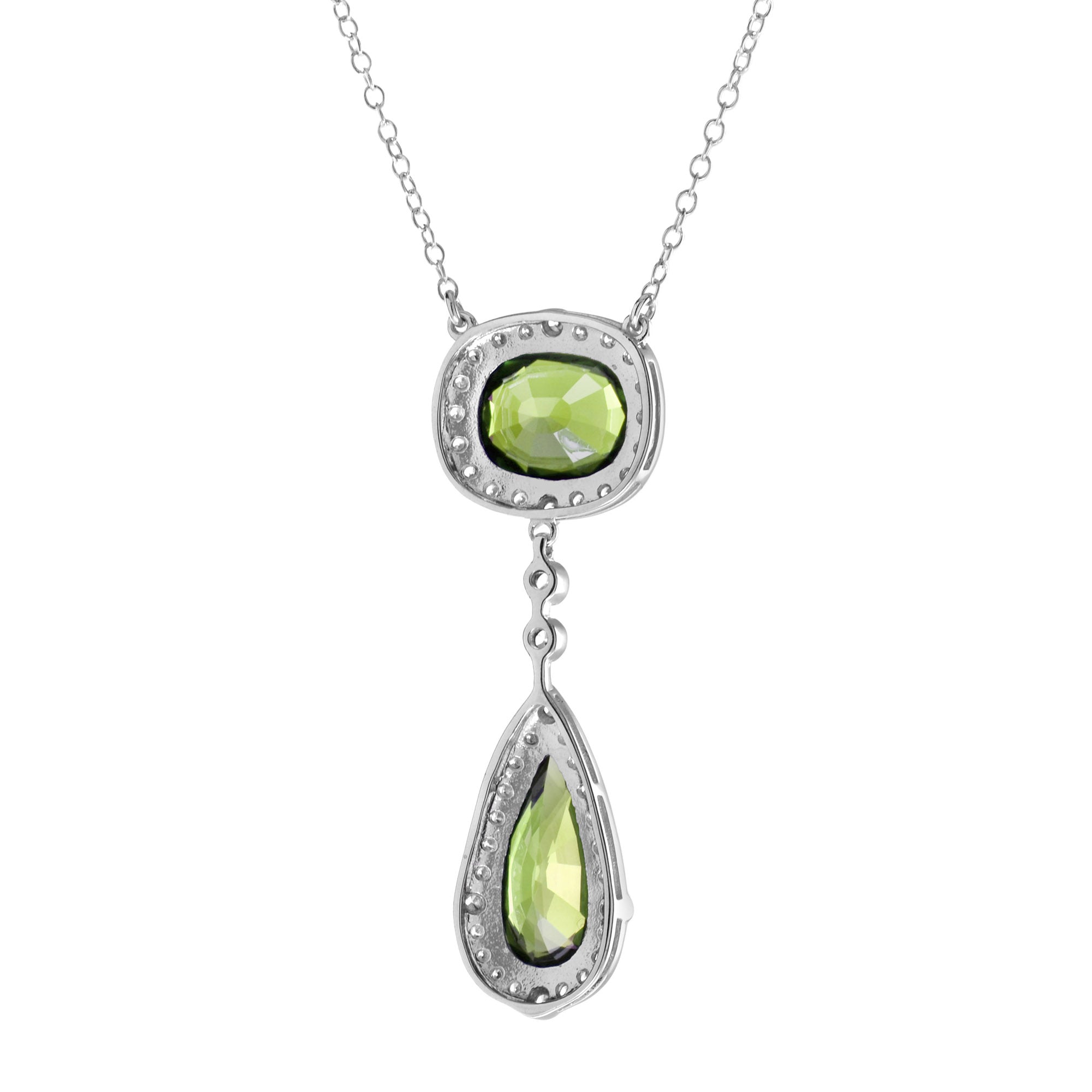 Double Drop Green Peridot with Diamond Halo Set 14K White Gold Pendant Necklace