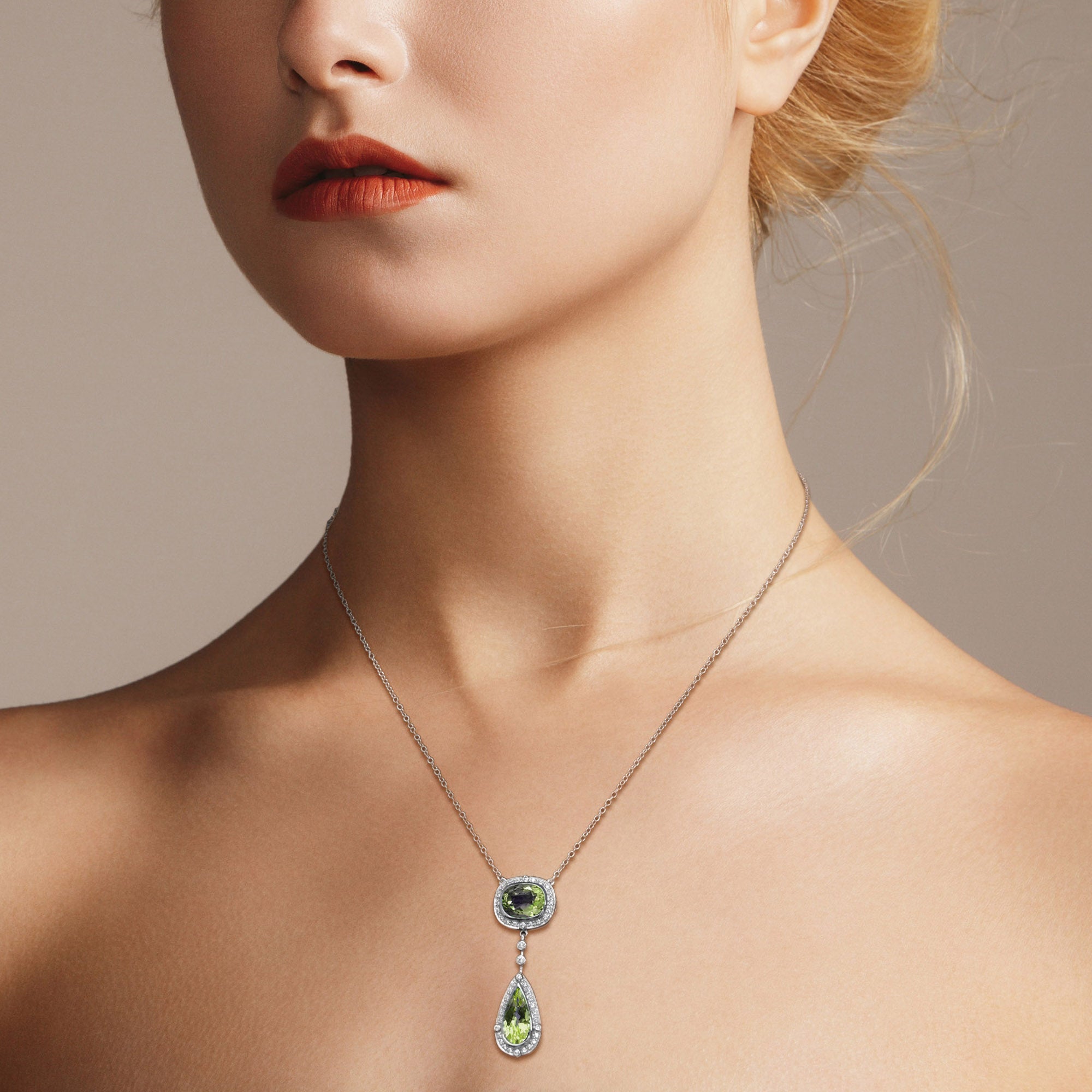 Double Drop Green Peridot with Diamond Halo Set 14K White Gold Pendant Necklace